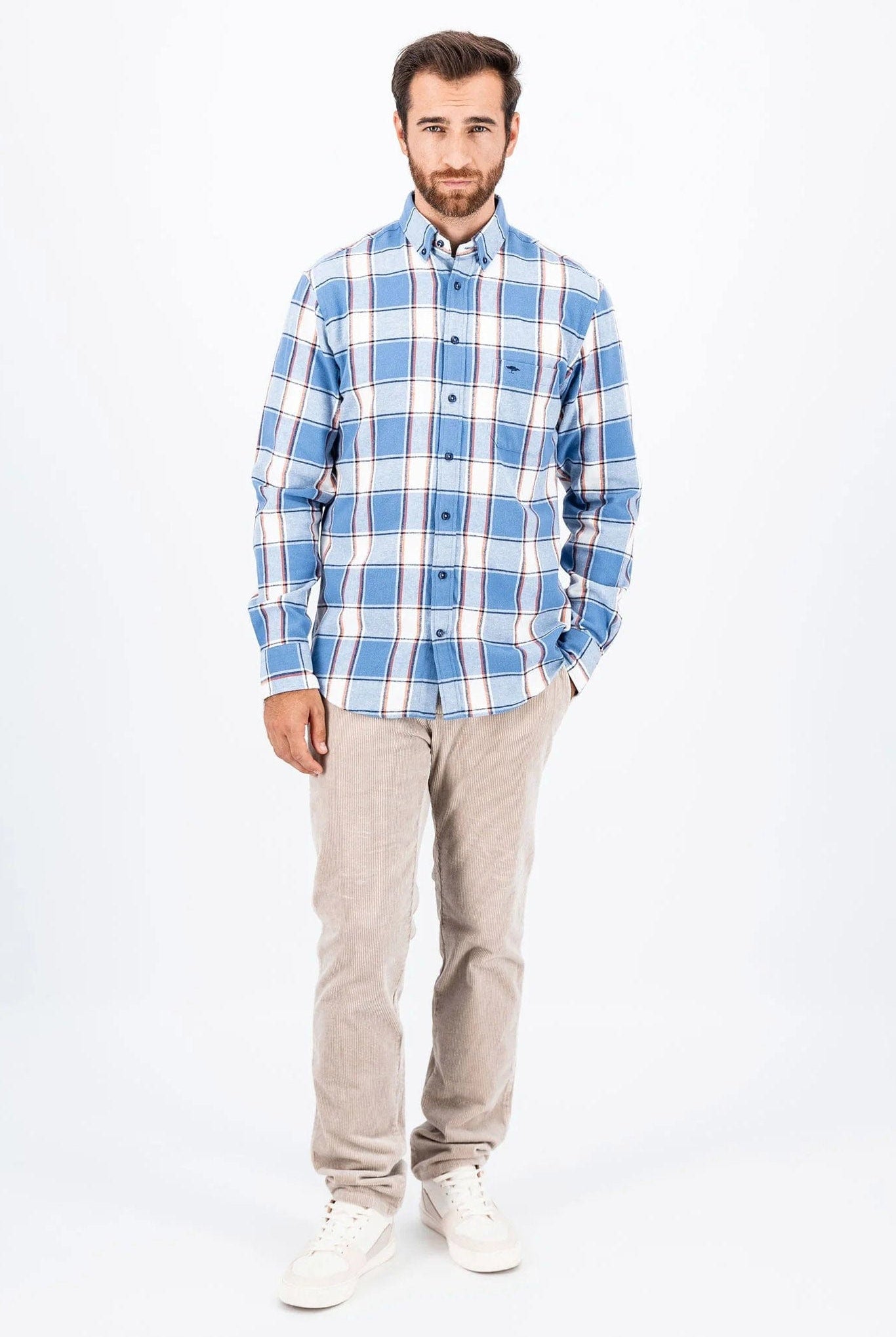 Fynch Hatton Check Brushed Cotton Long Sleeve Shirt - Cloud Blue