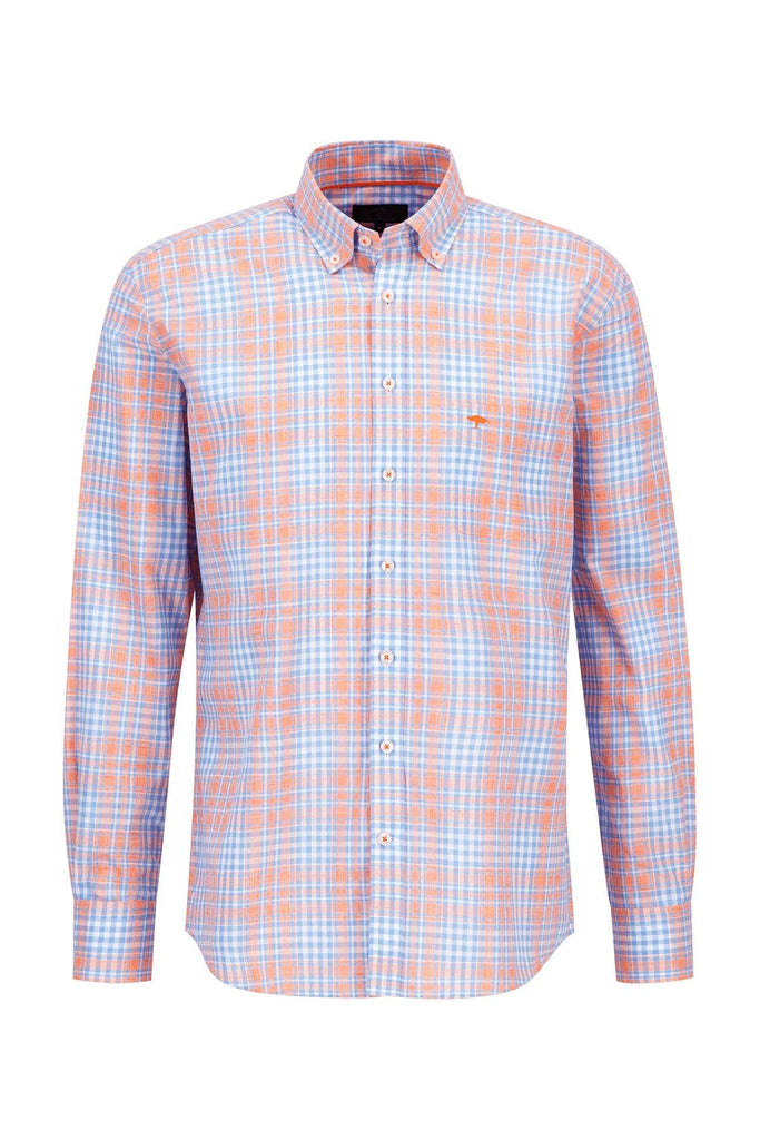 Fynch Hatton Check Button Down Cotton Shirt - Light Sky/Tangerine