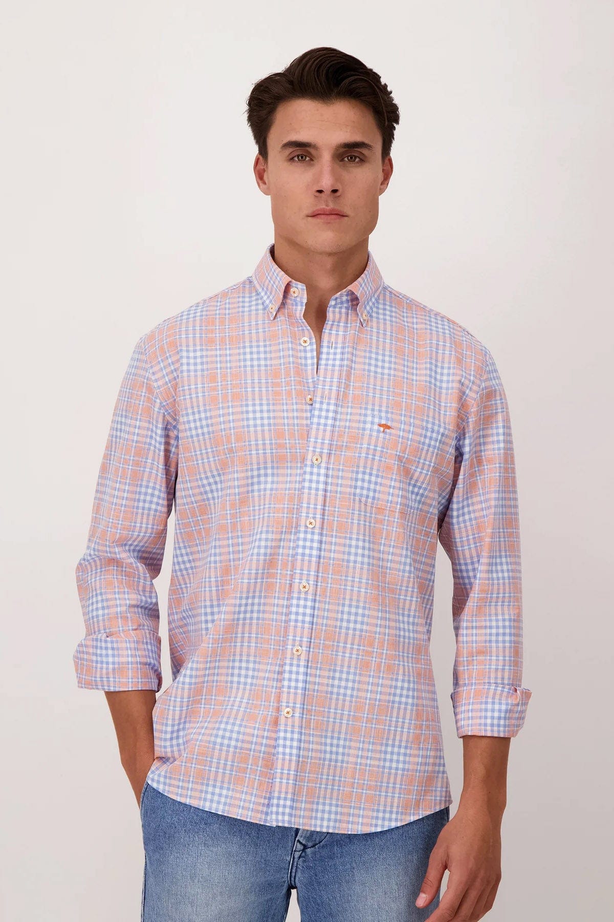 Fynch Hatton Check Button Down Cotton Shirt - Light Sky/Tangerine