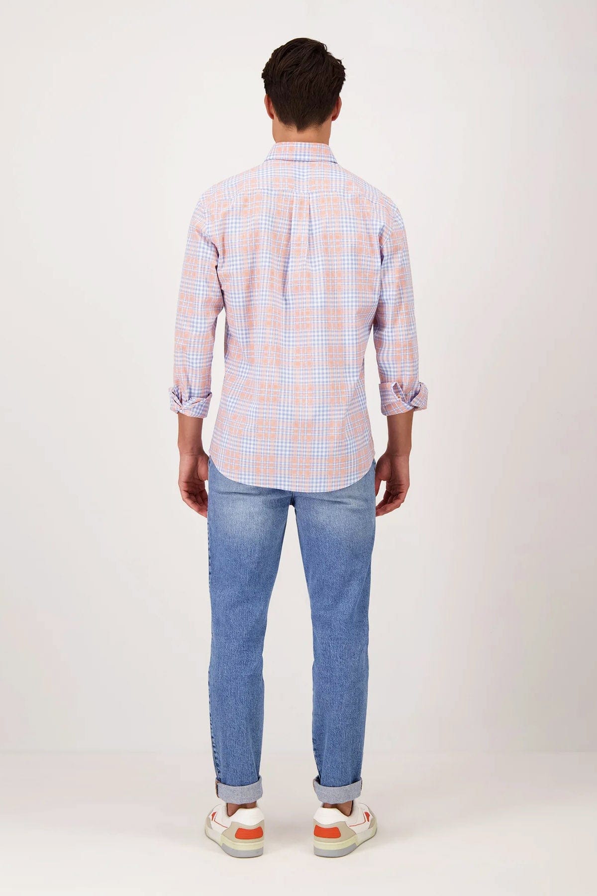 Fynch Hatton Check Button Down Cotton Shirt - Light Sky/Tangerine
