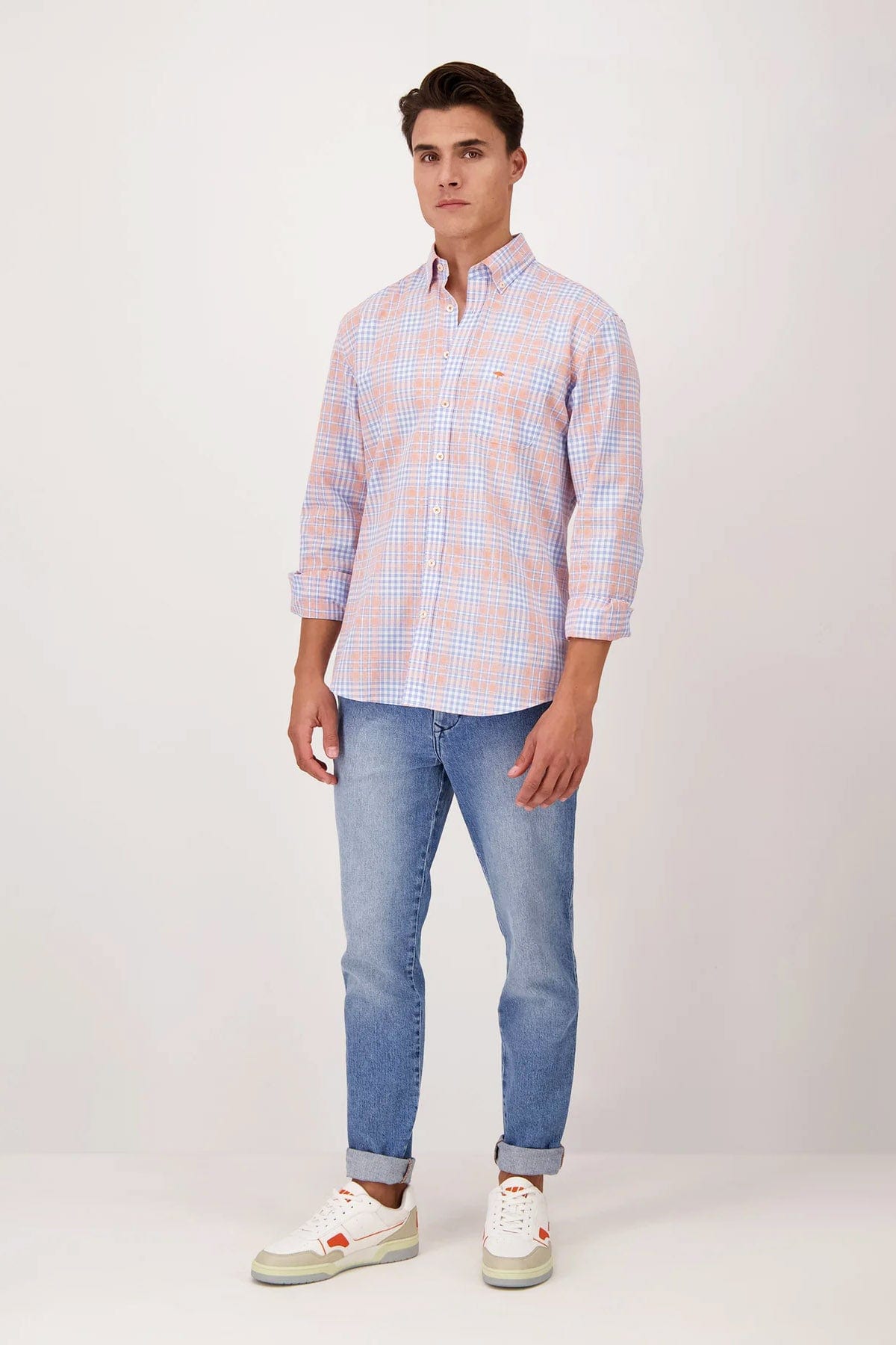 Fynch Hatton Check Button Down Cotton Shirt - Light Sky/Tangerine