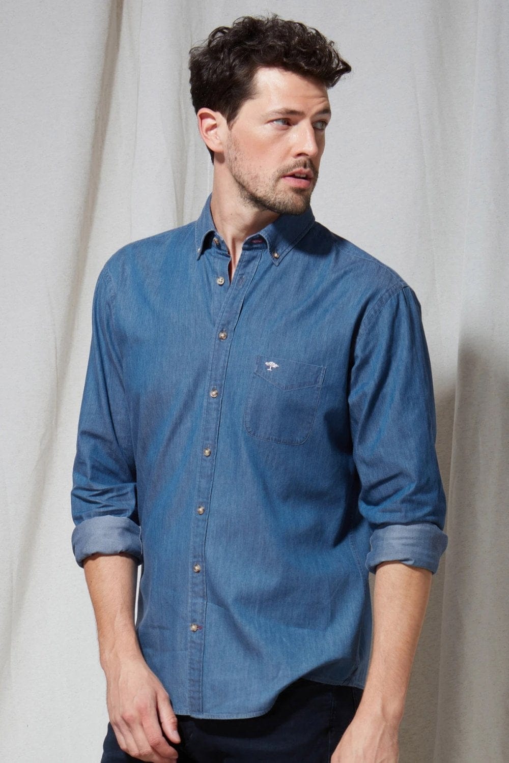 Fynch Hatton Denim Button-Down Collar Shirt - Blue