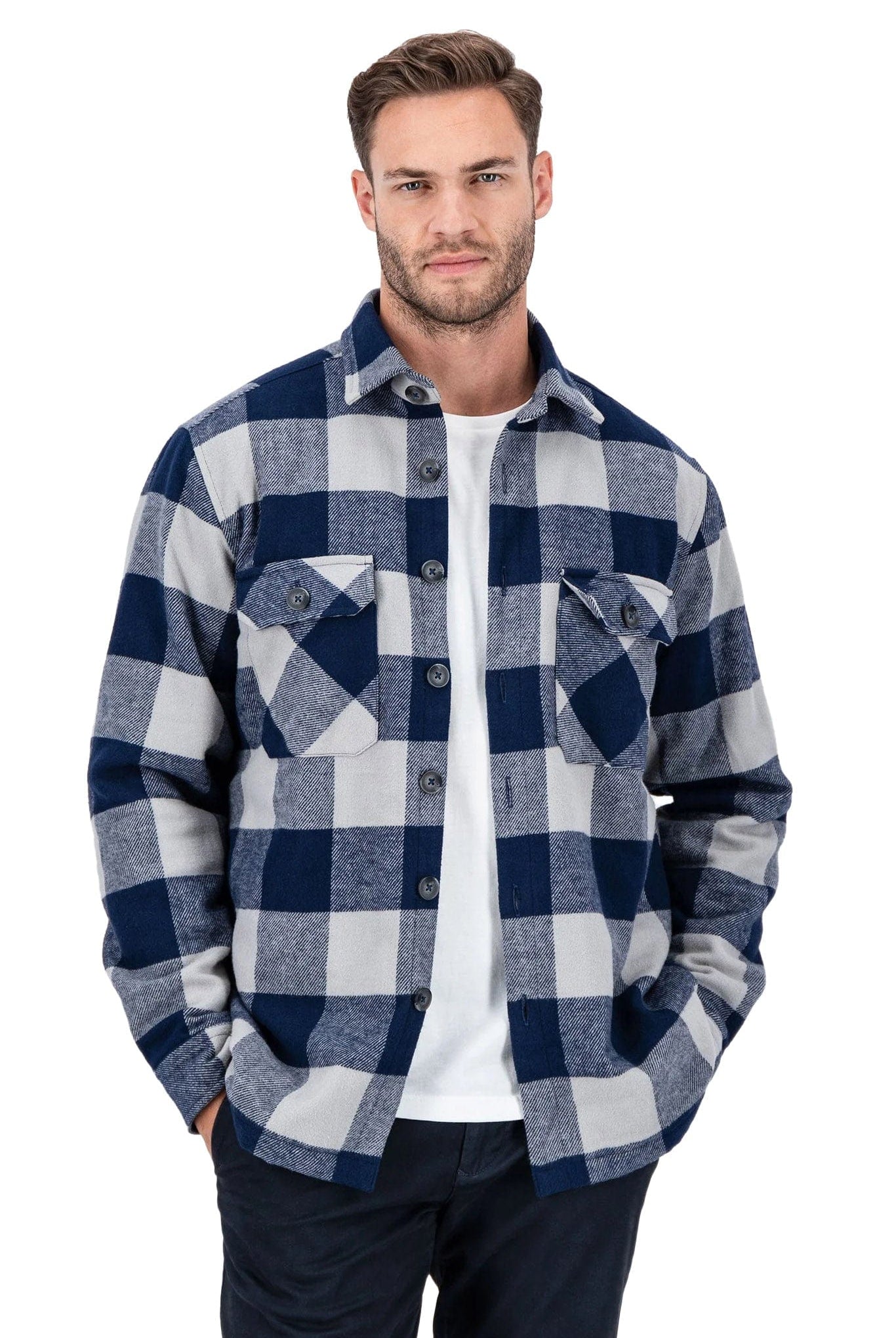 Fynch Hatton Flannel Check Overshirt - Navy