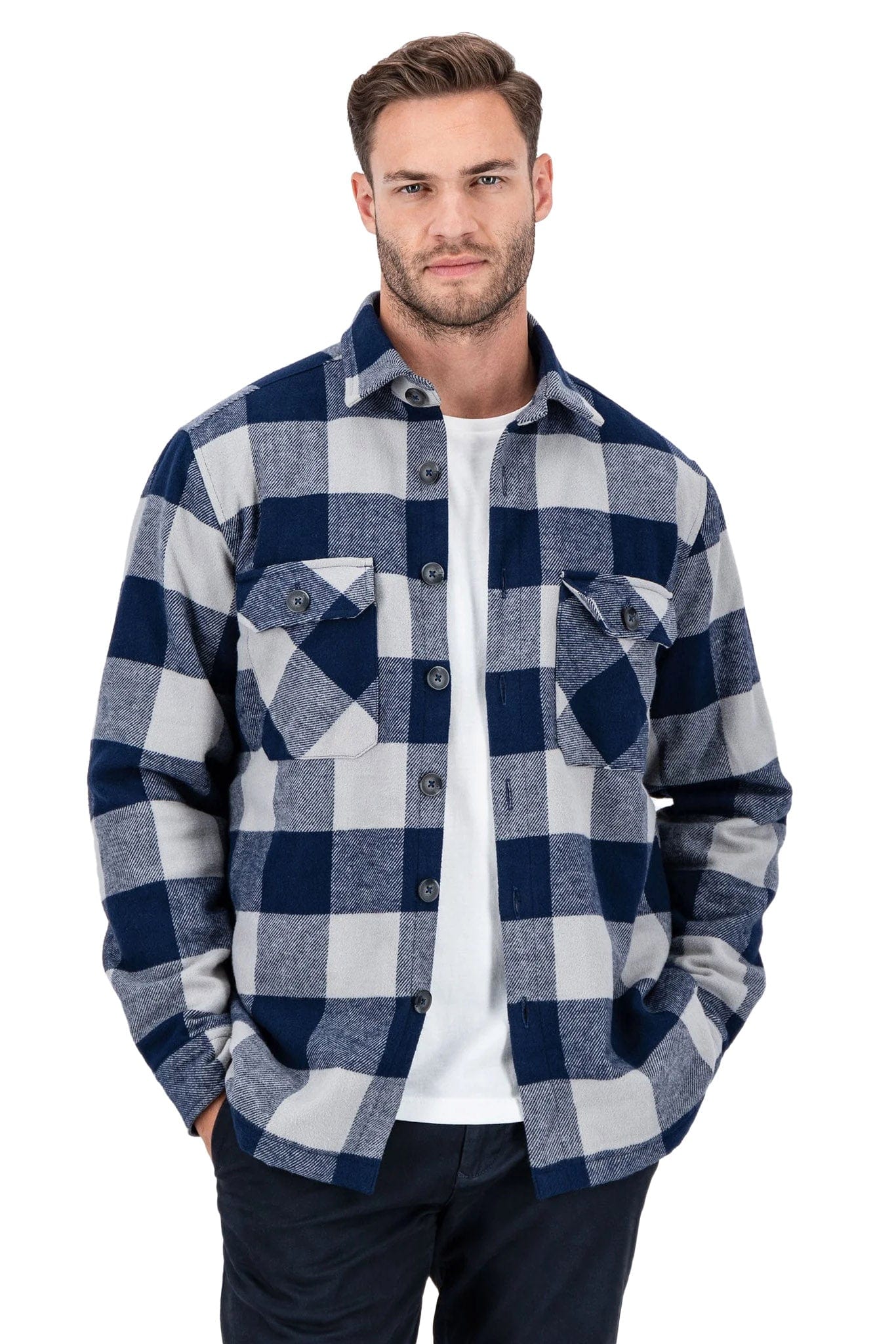 Fynch Hatton Flannel Check Overshirt - Navy