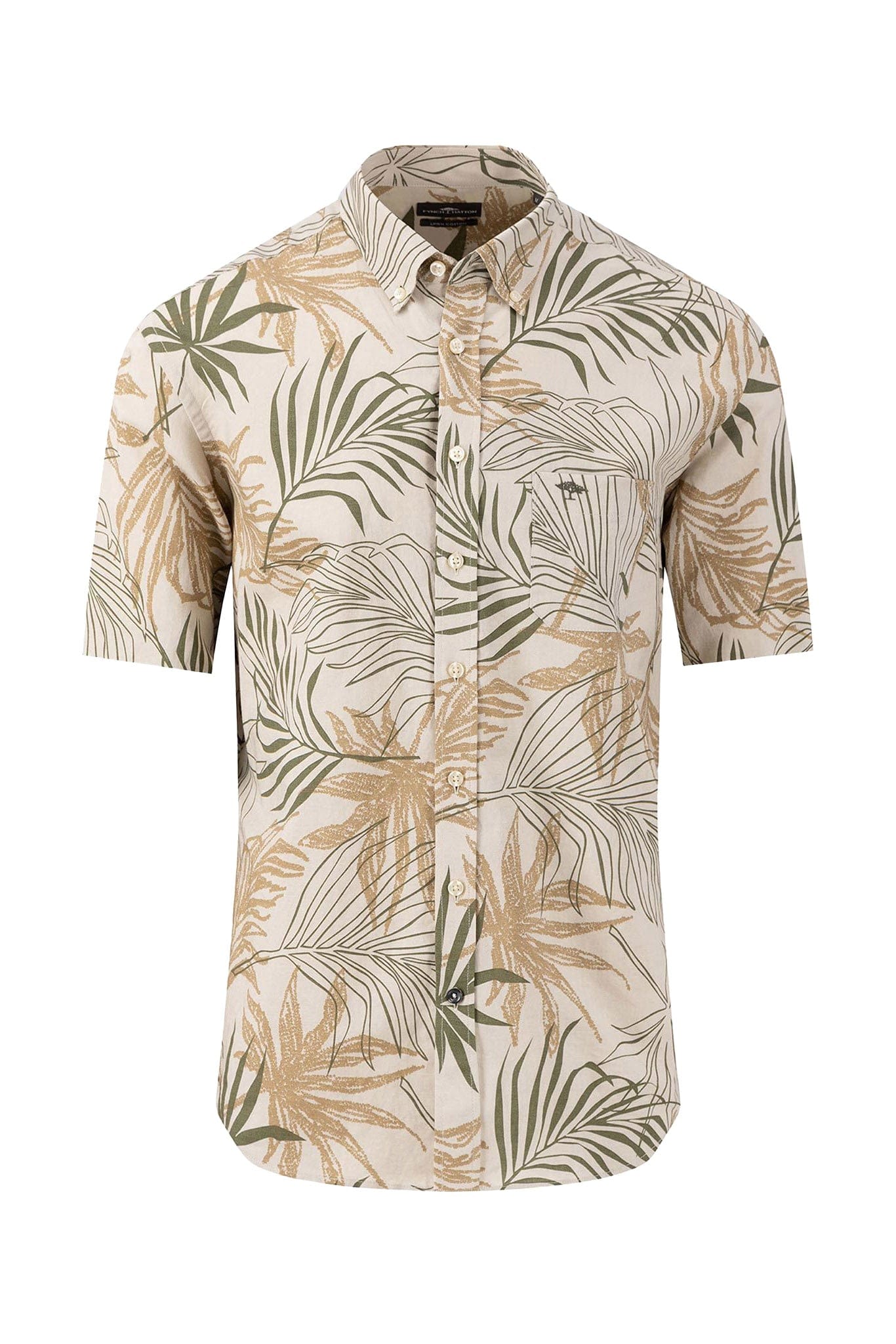 Fynch Hatton Linen/Cotton Palm Leaf Print Short Sleeve Shirt - Stone