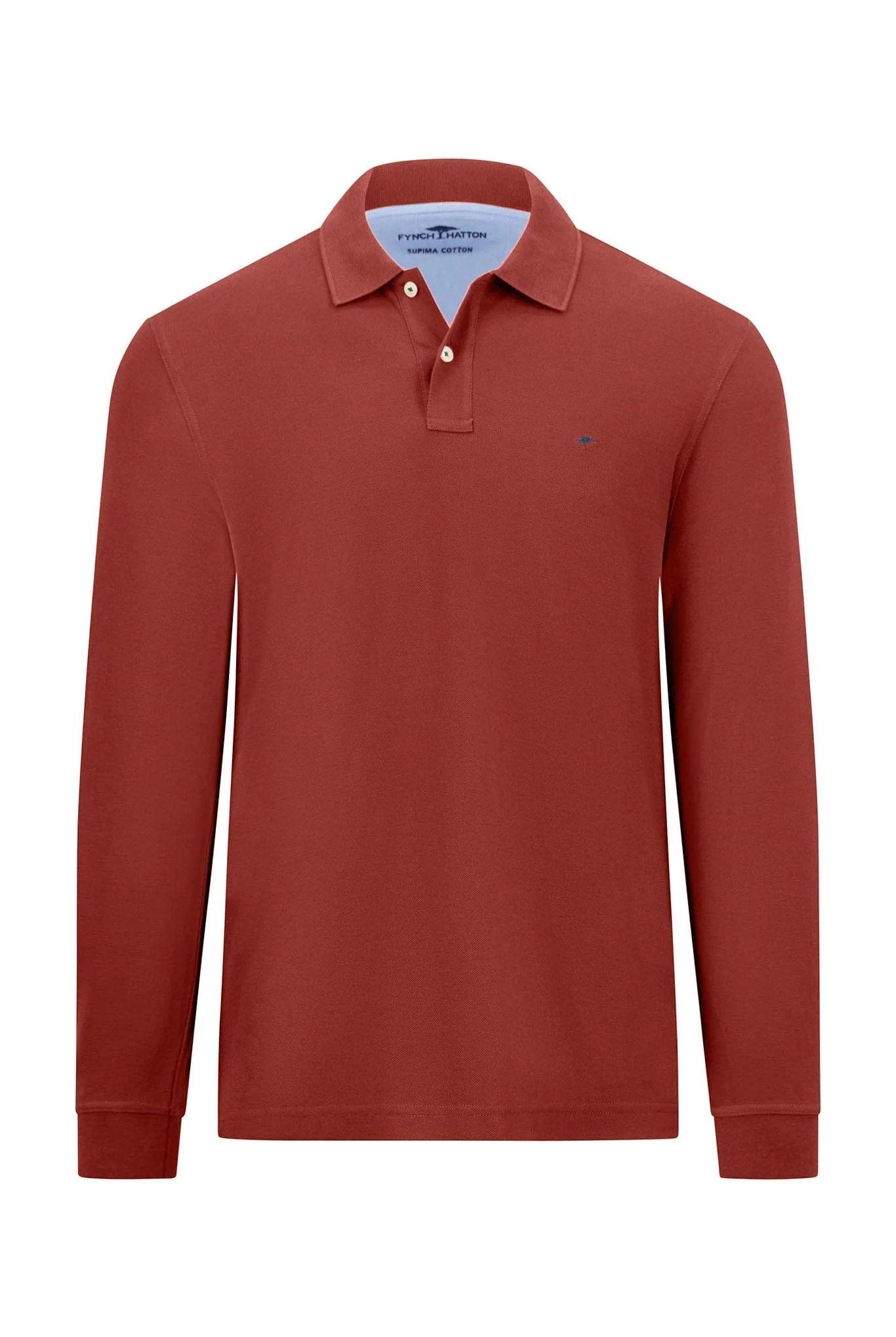 Fynch Hatton Long Sleeve Cotton Polo Shirt - Rust