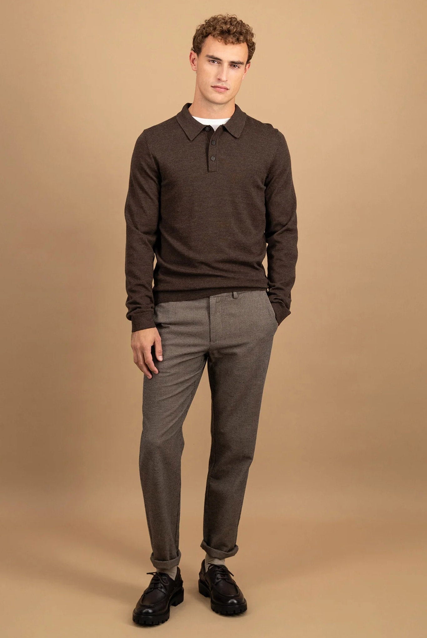 Fynch Hatton Merino Wool Knitted Polo - Dark Chocolate