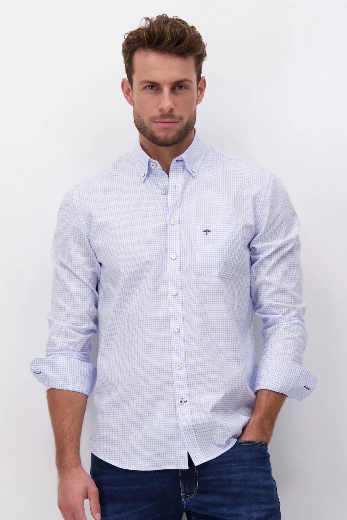 Fynch Hatton Micro Check Oxford Shirt - Light Blue/White