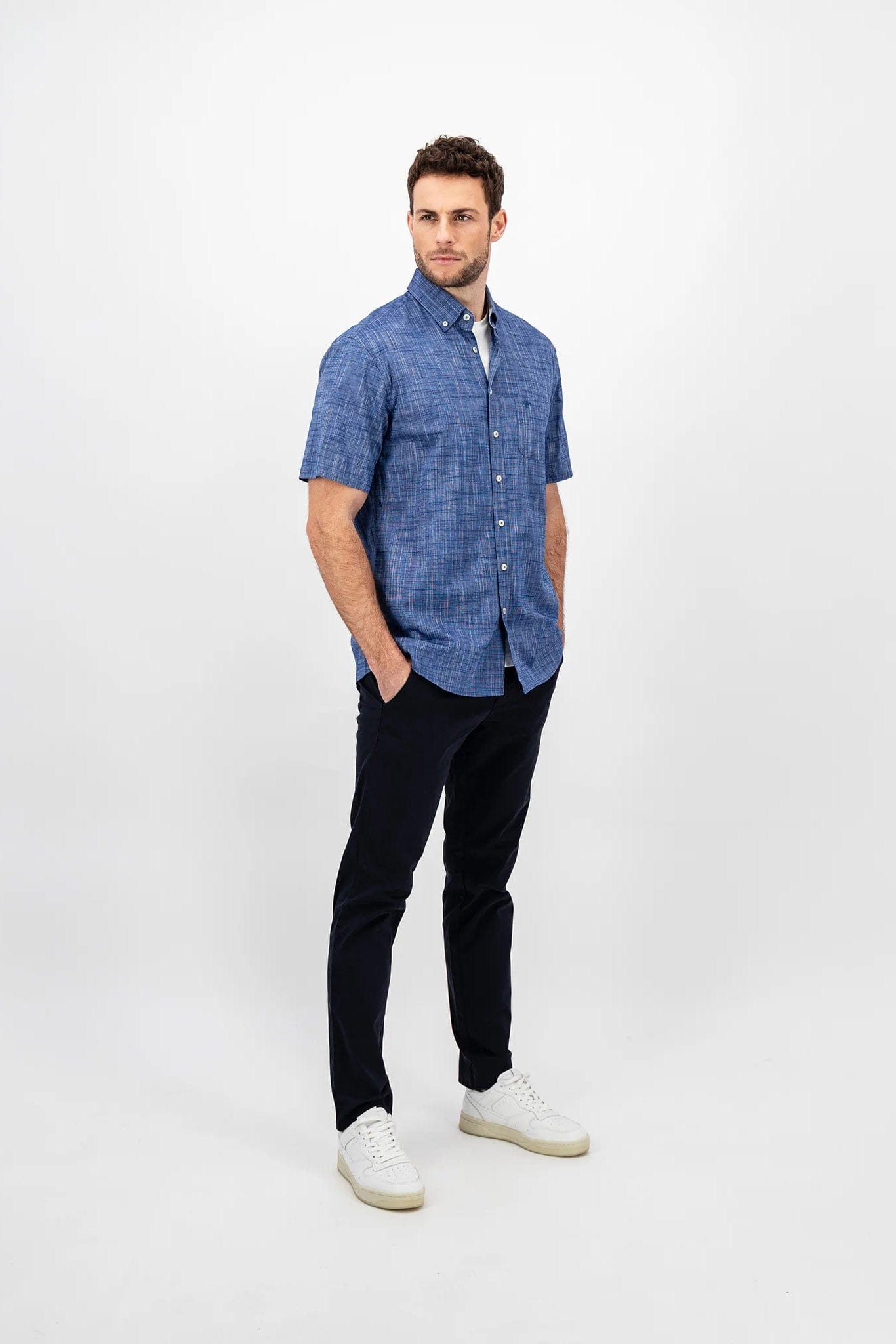 Fynch Hatton Plain Cotton Slub Solid Short Sleeve Shirt - Navy