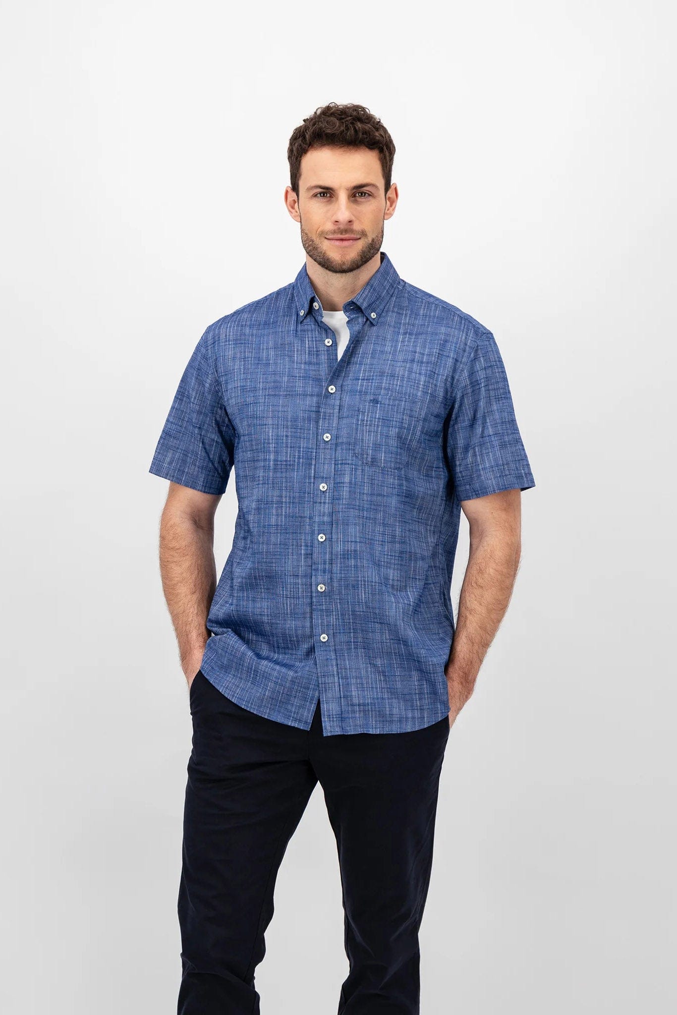 Fynch Hatton Plain Cotton Slub Solid Short Sleeve Shirt - Navy