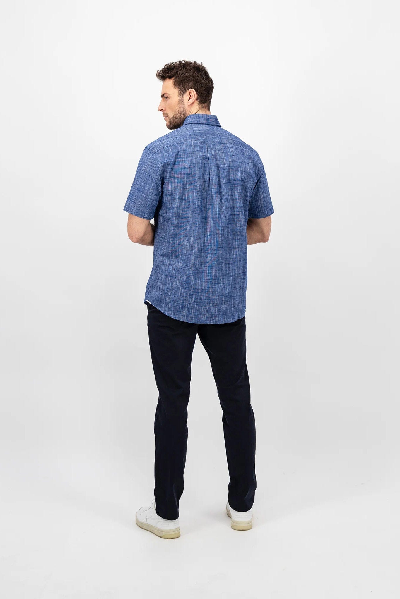 Fynch Hatton Plain Cotton Slub Solid Short Sleeve Shirt - Navy