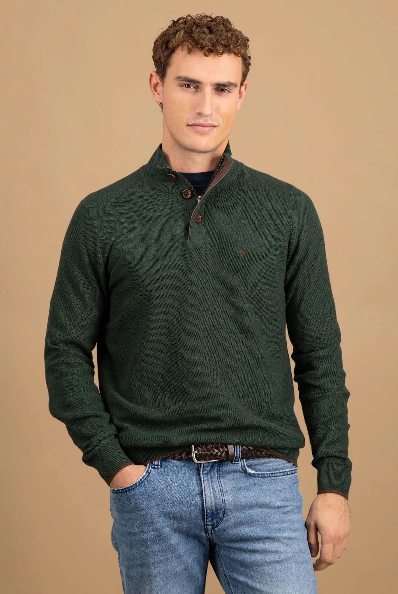 Fynch Hatton Quarter Button Knit Jumper - Dark Ivy
