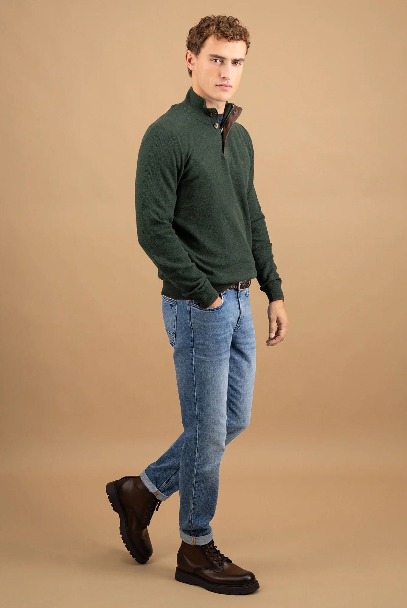 Fynch Hatton Quarter Button Knit Jumper - Dark Ivy