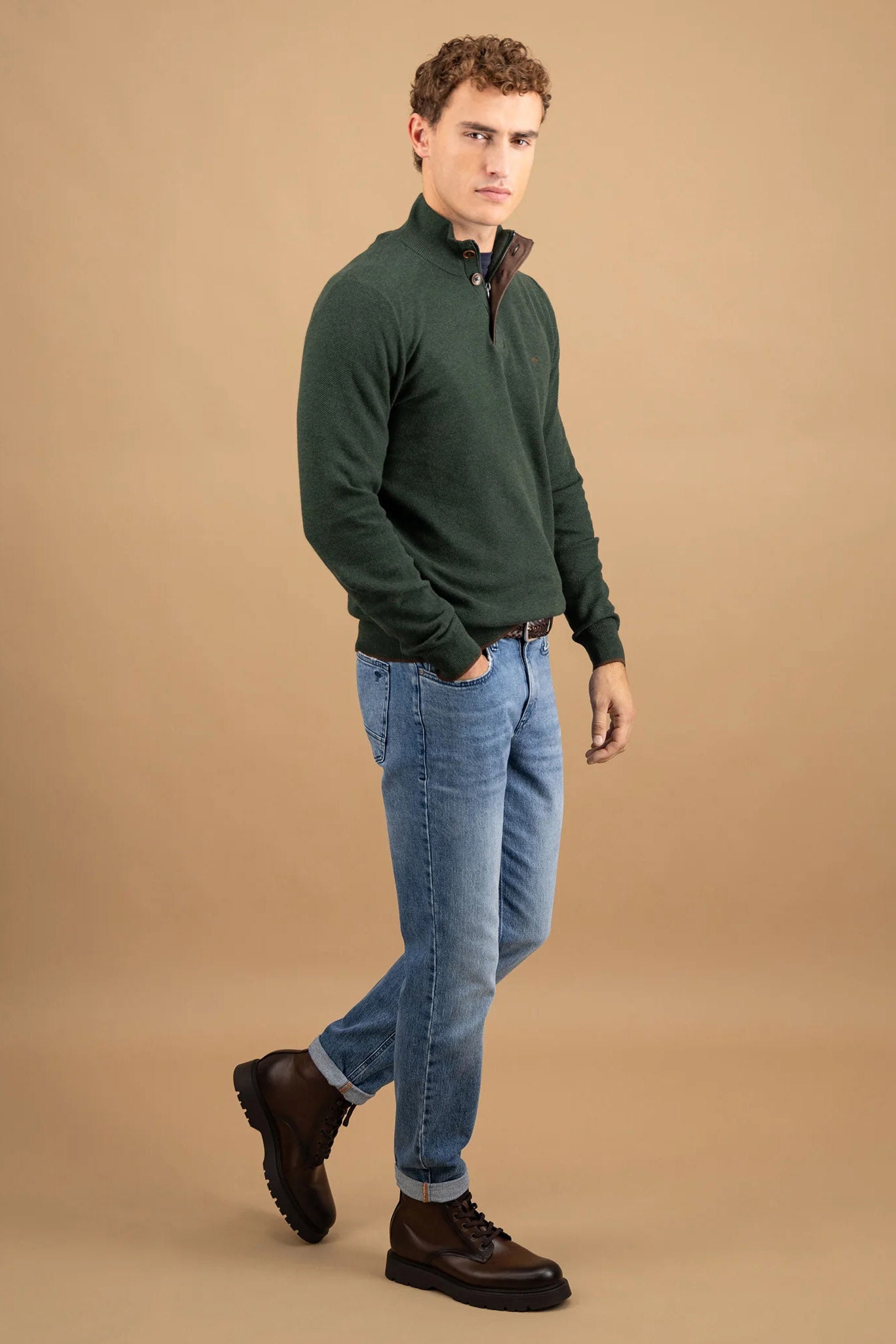 Fynch Hatton Quarter Button Knit Jumper - Dark Ivy