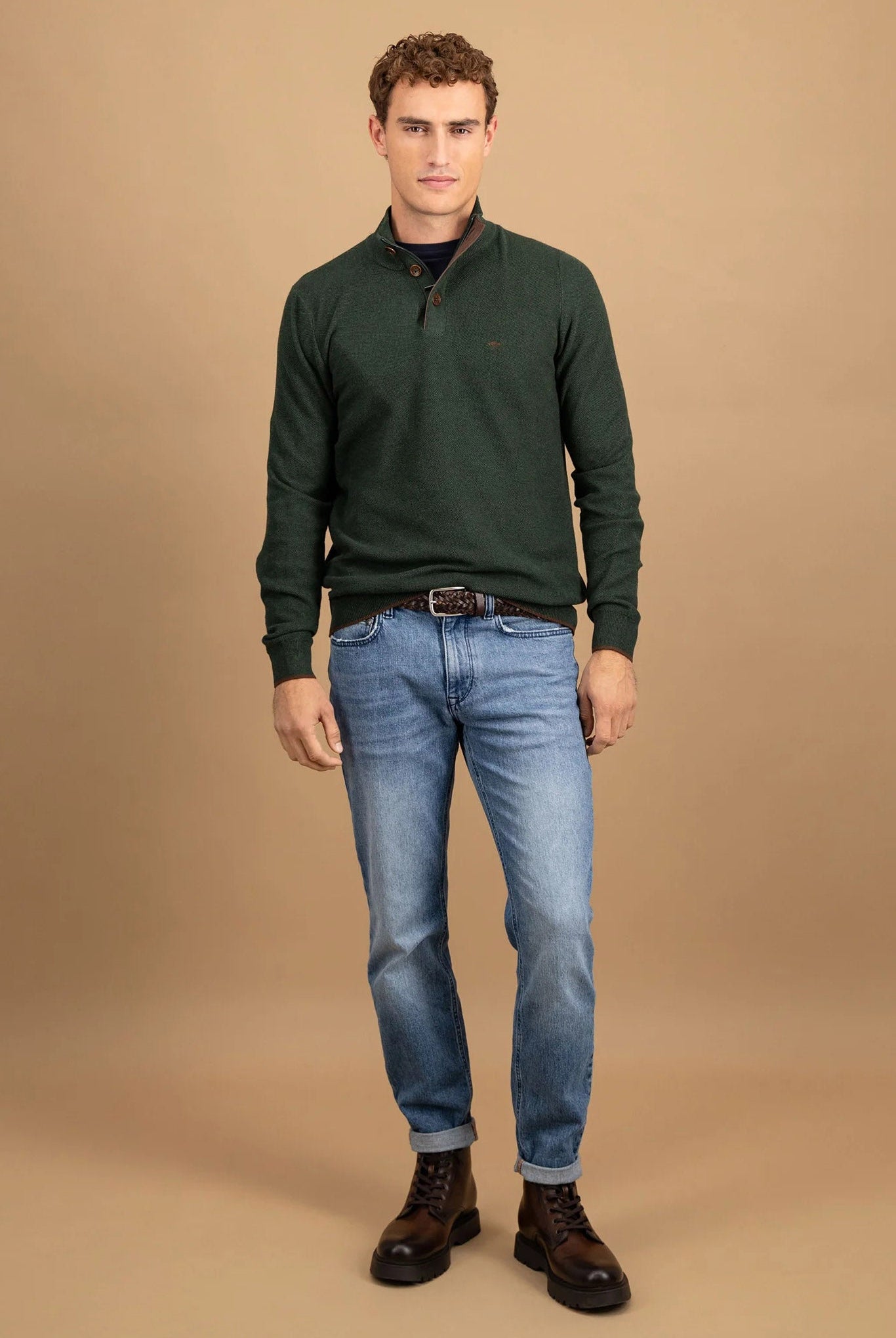 Fynch Hatton Quarter Button Knit Jumper - Dark Ivy