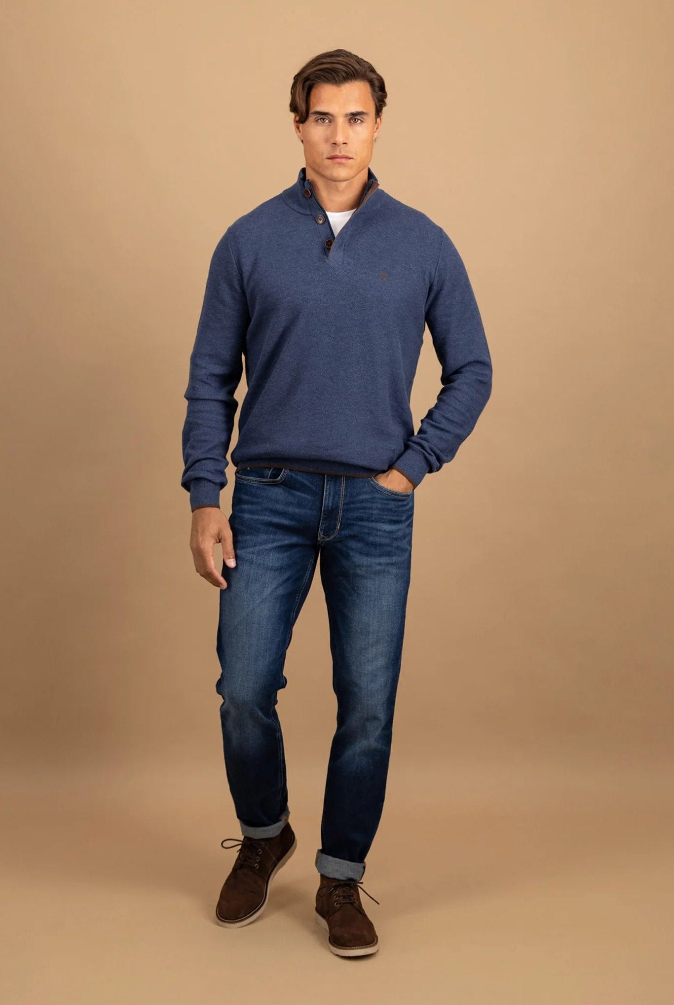 Fynch Hatton Quarter Button Knit Jumper - Night