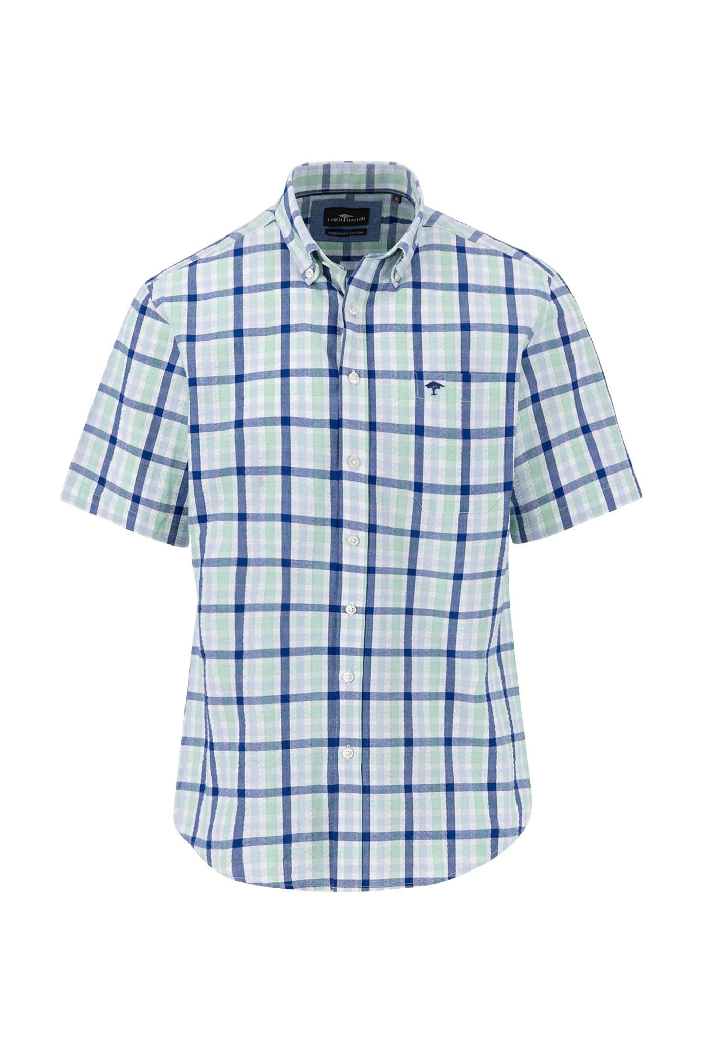 Fynch Hatton Seersucker Short Sleeve Check Shirt - Turf Green