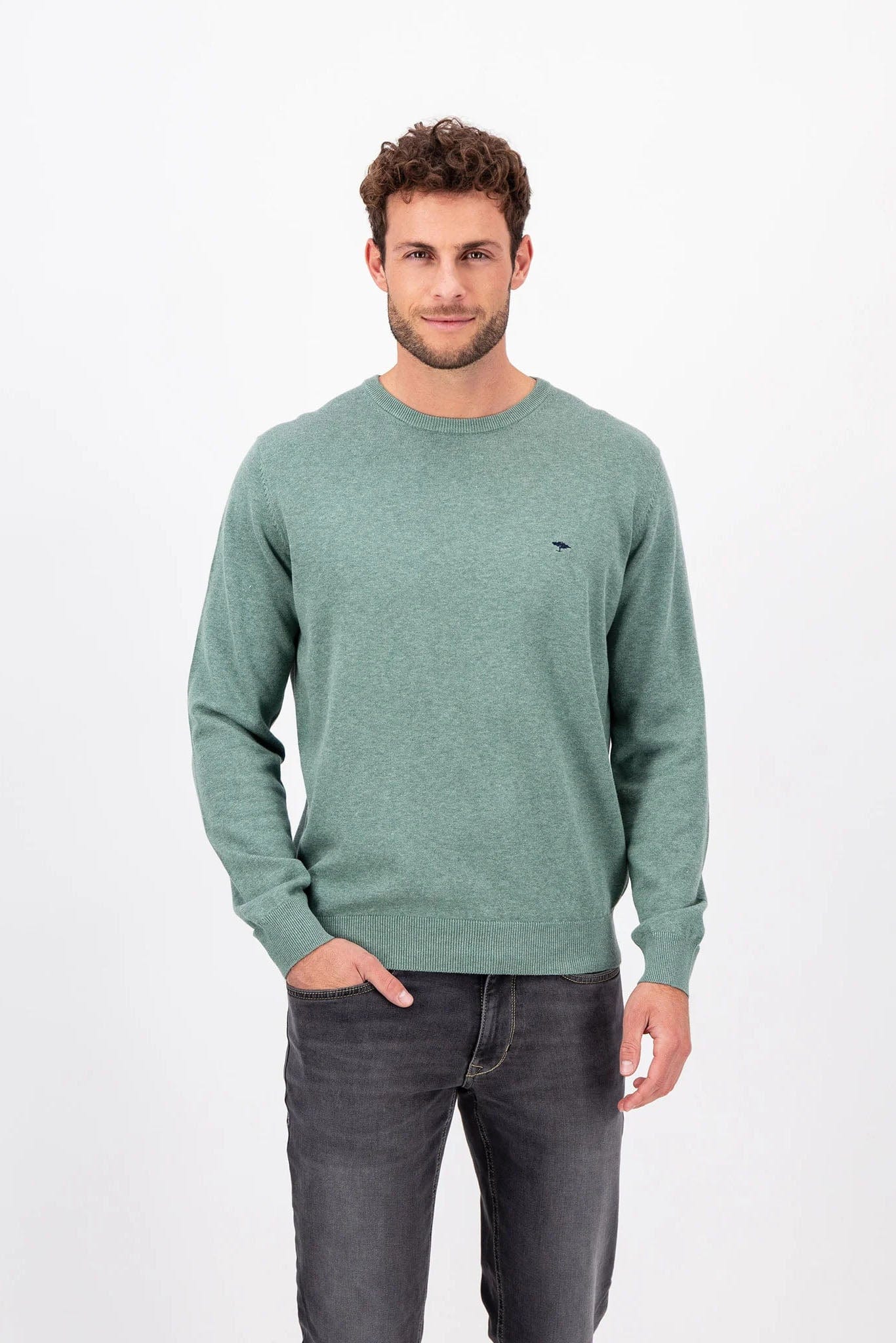 Fynch Hatton Superfine Cotton Crew Neck Jumper - Sage Green