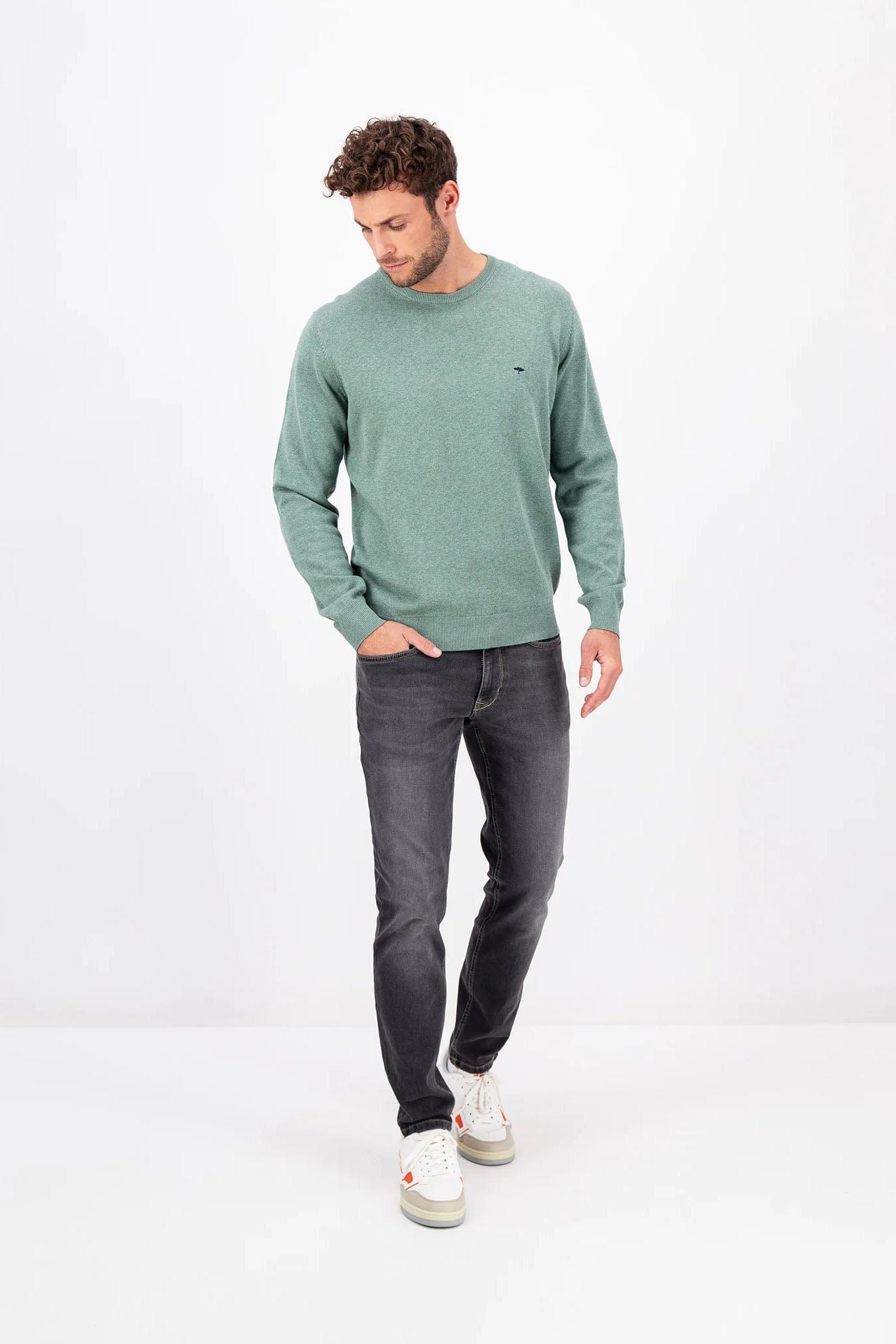 Fynch Hatton Superfine Cotton Crew Neck Jumper - Sage Green