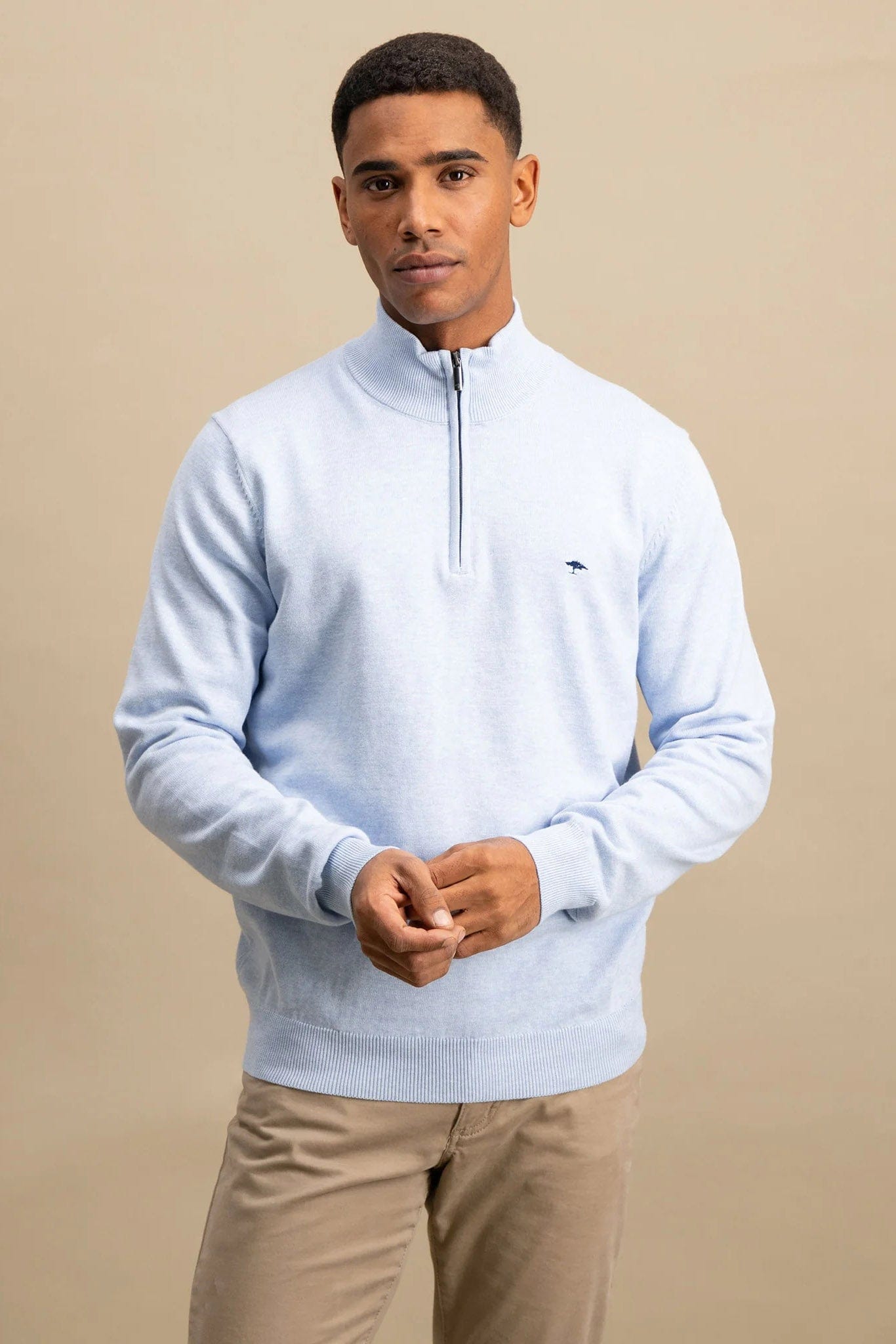 Fynch Hatton Superfine Cotton Quarter Zip Jumper - Summer Breeze