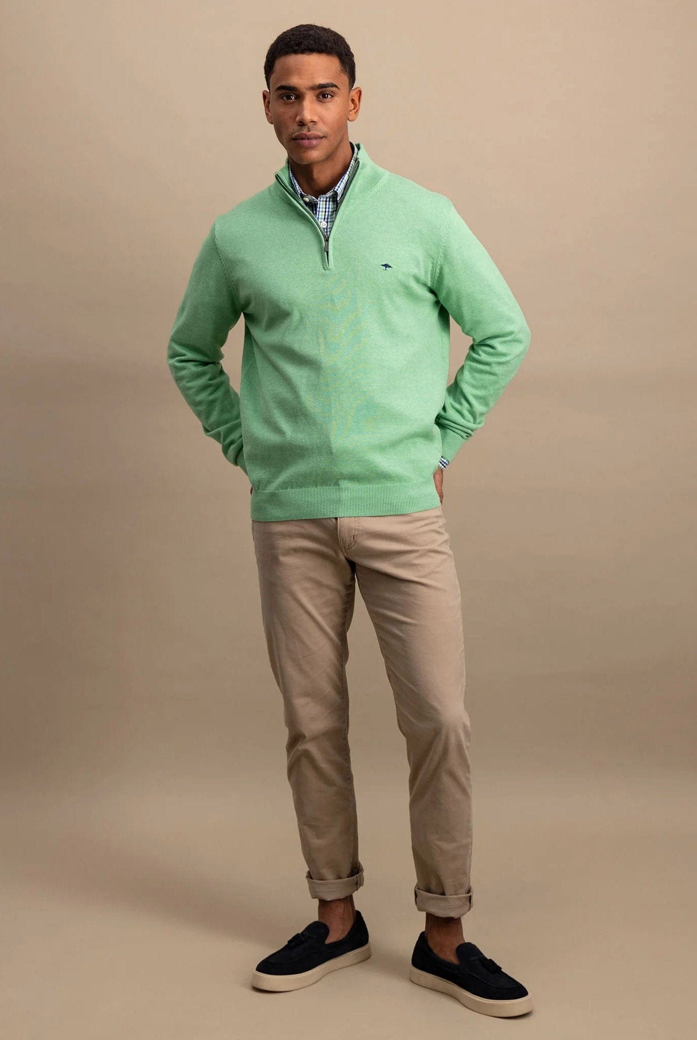 Fynch Hatton Superfine Cotton Quarter Zip Jumper - Turf Green