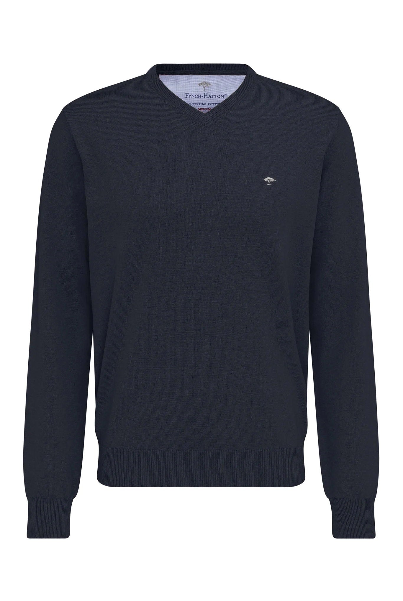 Fynch Hatton Superfine Cotton V-Neck Jumper - Navy