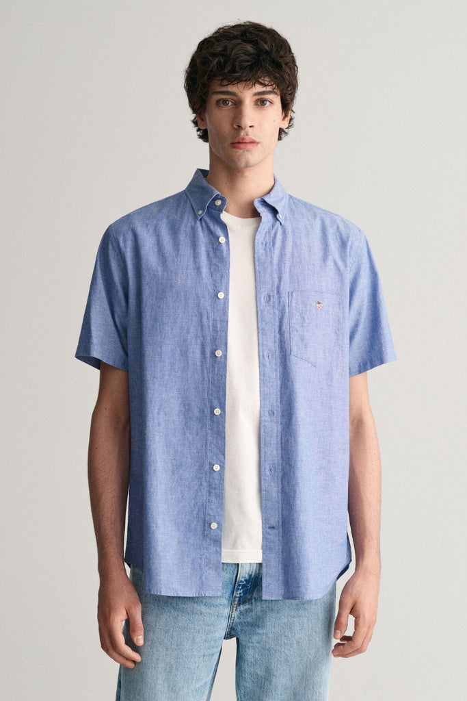 GANT Linen Mix Plain Regular Fit Short Sleeve Shirt - Rich Blue