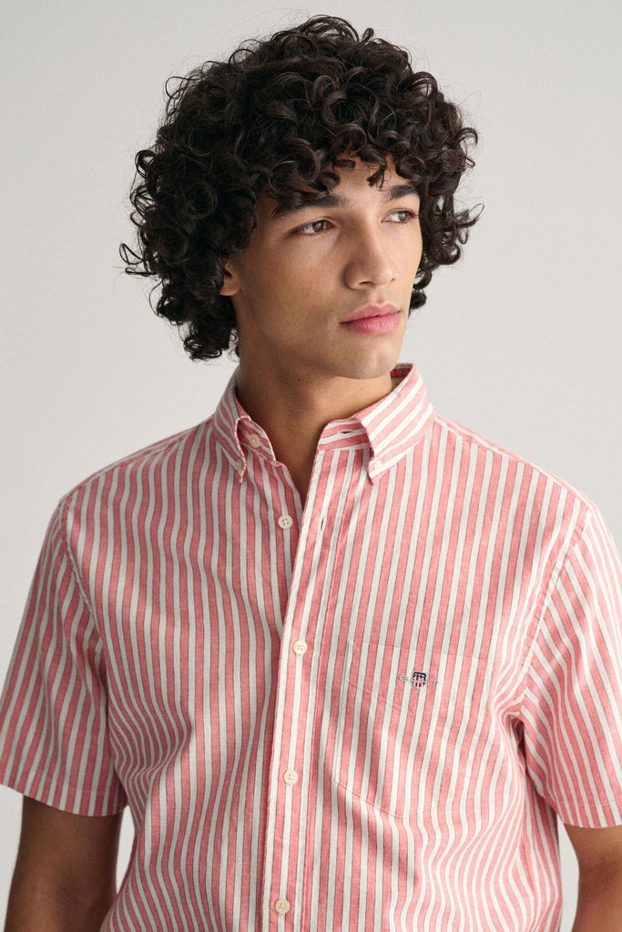 GANT Regular Fit Linen Mix Stripe Short Sleeve Shirt - Sunset Pink
