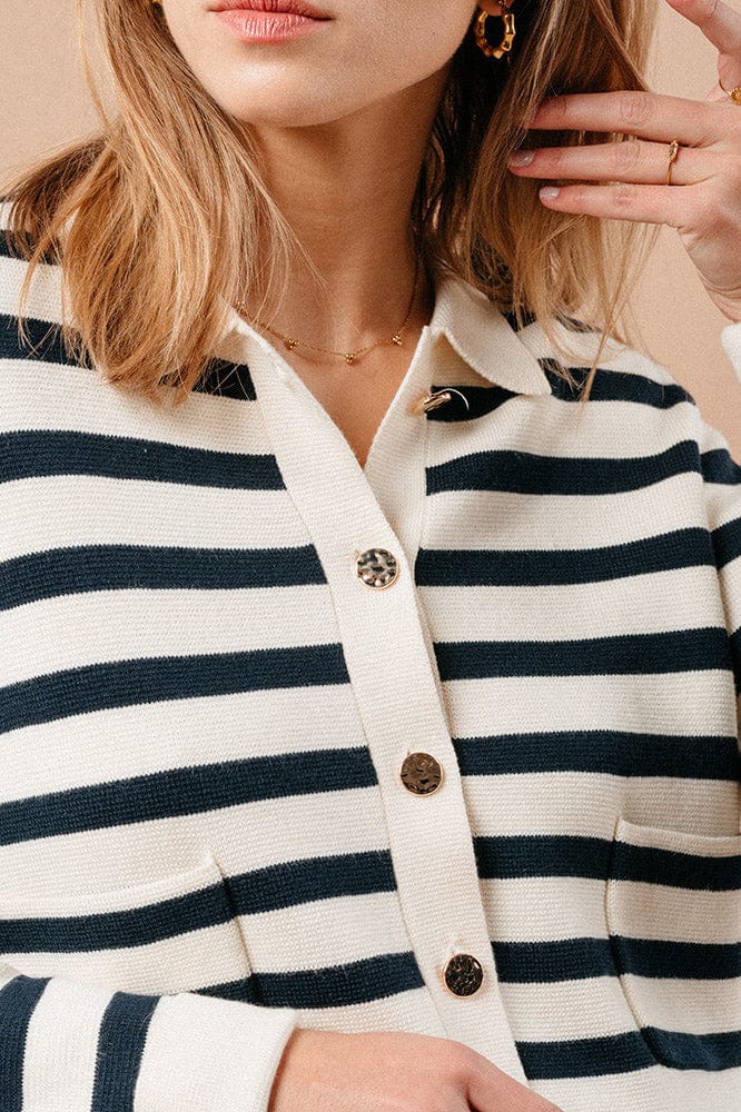 Grace & Mila Maelys Stripe Collared Cardigan - Navy/Ecru