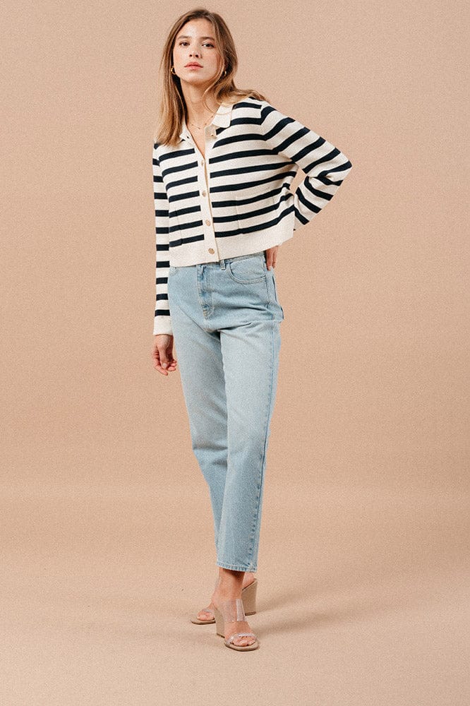 Grace & Mila Maelys Stripe Collared Cardigan - Navy/Ecru