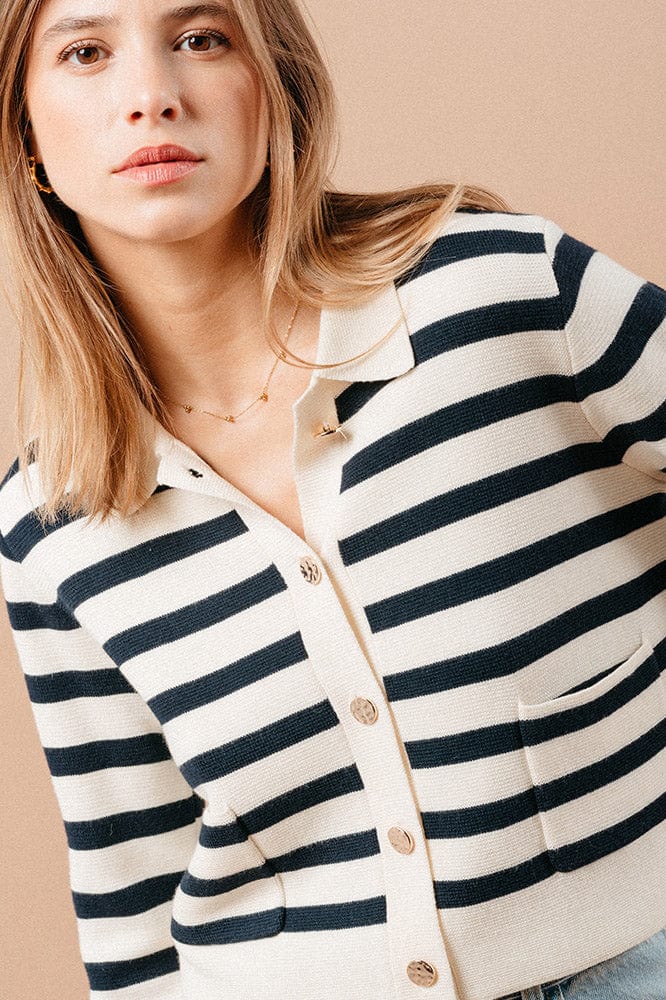 Grace & Mila Maelys Stripe Collared Cardigan - Navy/Ecru