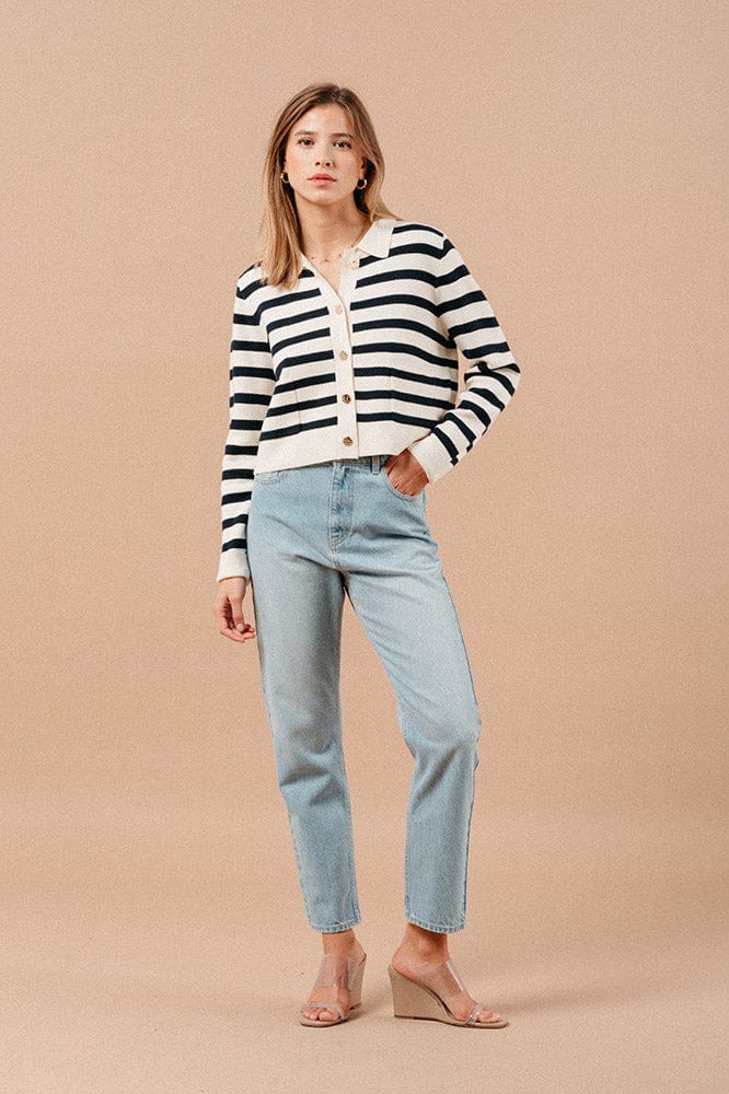 Grace & Mila Maelys Stripe Collared Cardigan - Navy/Ecru