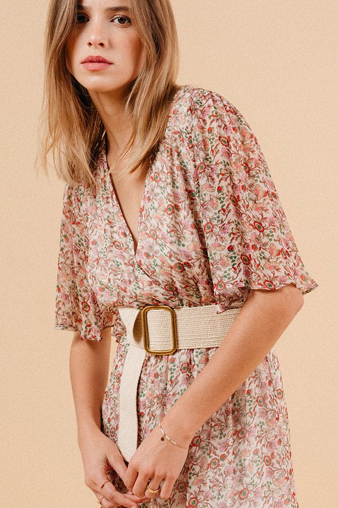 Grace & Mila Marissa Ditsy Print Wrap Style Maxi Dress - Ecru/Pink
