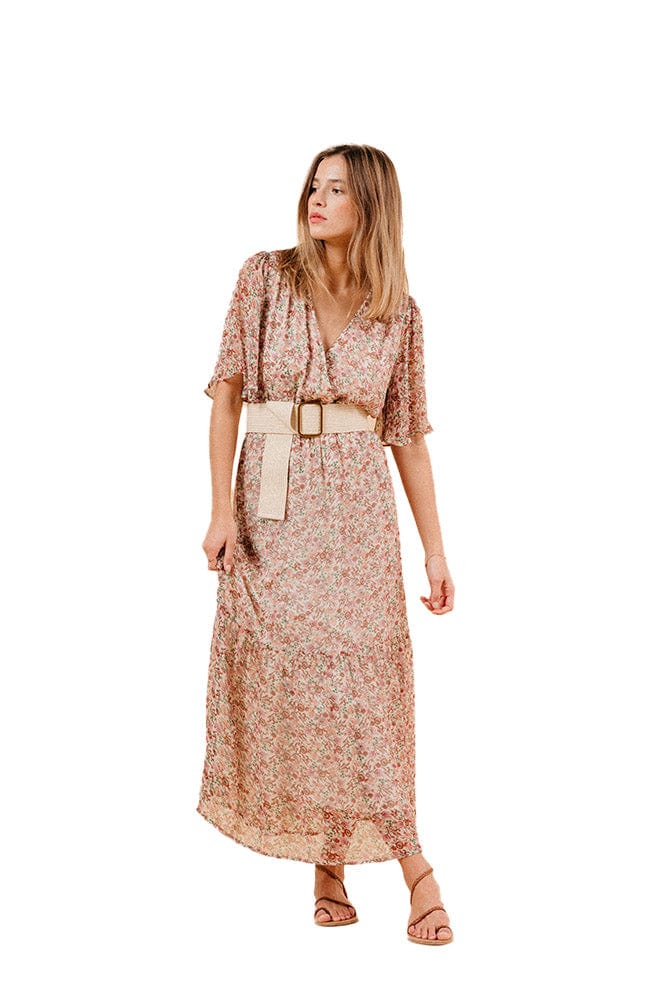 Grace & Mila Marissa Ditsy Print Wrap Style Maxi Dress - Ecru/Pink