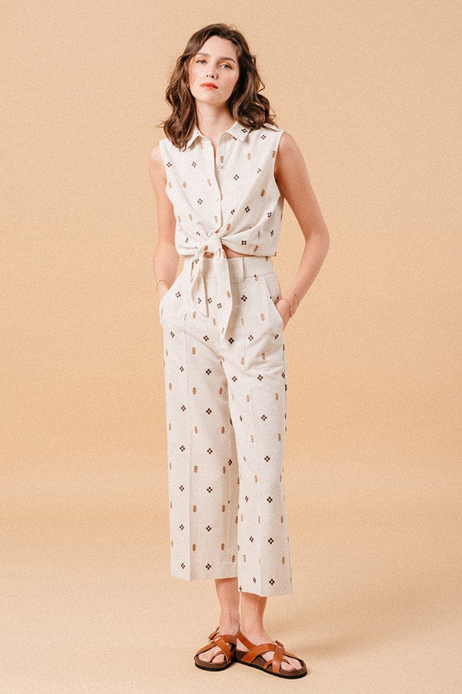 Grace & Mila Messina Linen Blend Embroidered Cropped Trousers - Camel