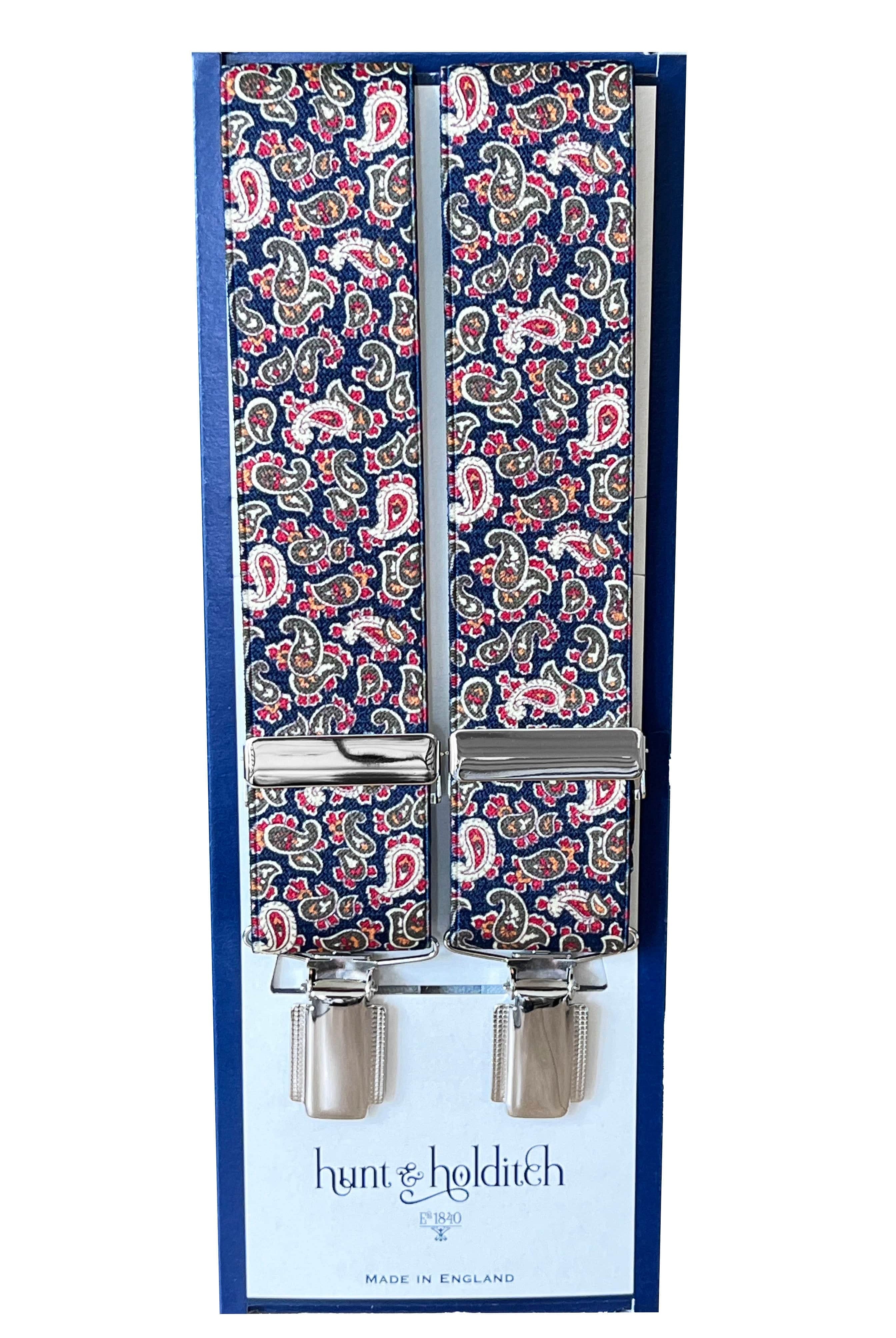 Hunt & Holditch Paisley 35mm Clip Braces - Navy/Red