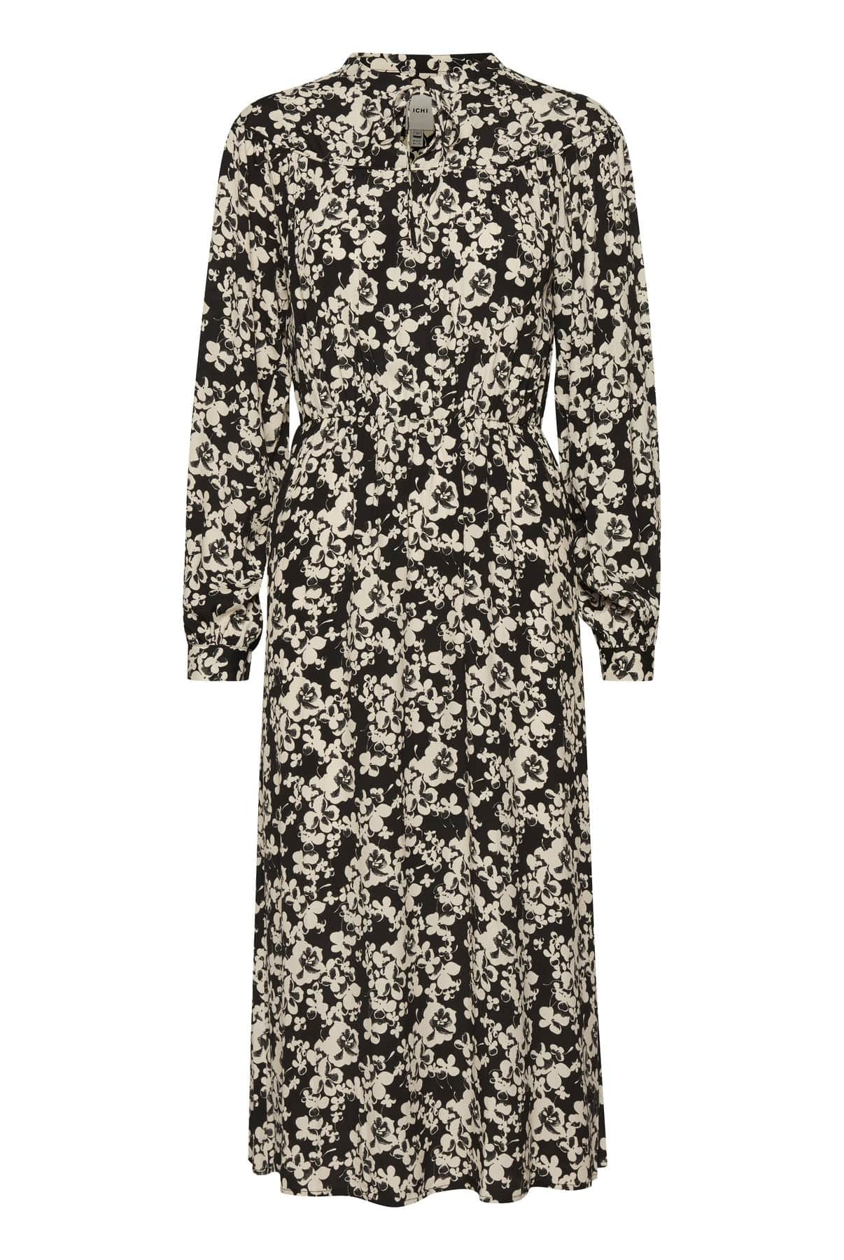 Ichi Anke Floral Tie Neck Midi Dress - Black