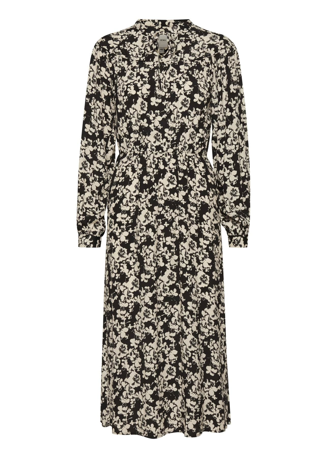 Ichi Anke Floral Tie Neck Midi Dress - Black