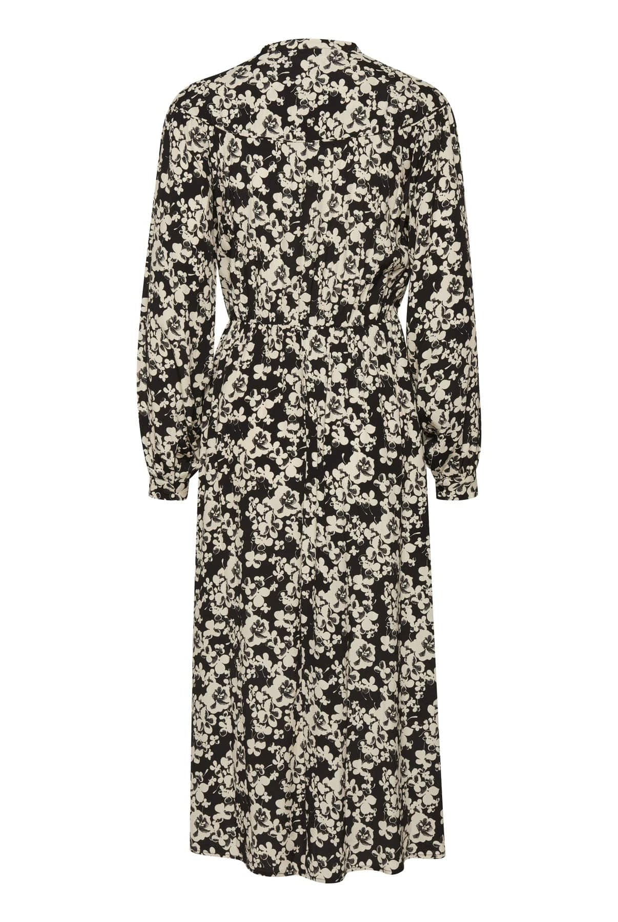 Ichi Anke Floral Tie Neck Midi Dress - Black