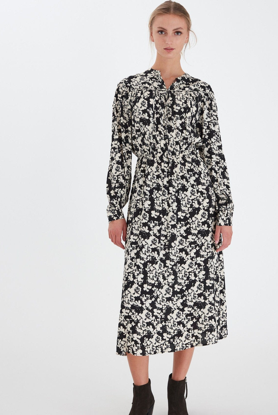 Ichi Anke Floral Tie Neck Midi Dress - Black
