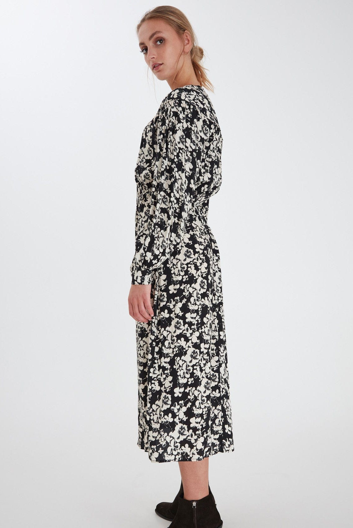 Ichi Anke Floral Tie Neck Midi Dress - Black