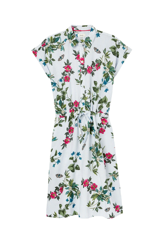 Joules Allison 1/2 Placket Linen Shirt Dress - Blue Botanical Stripe