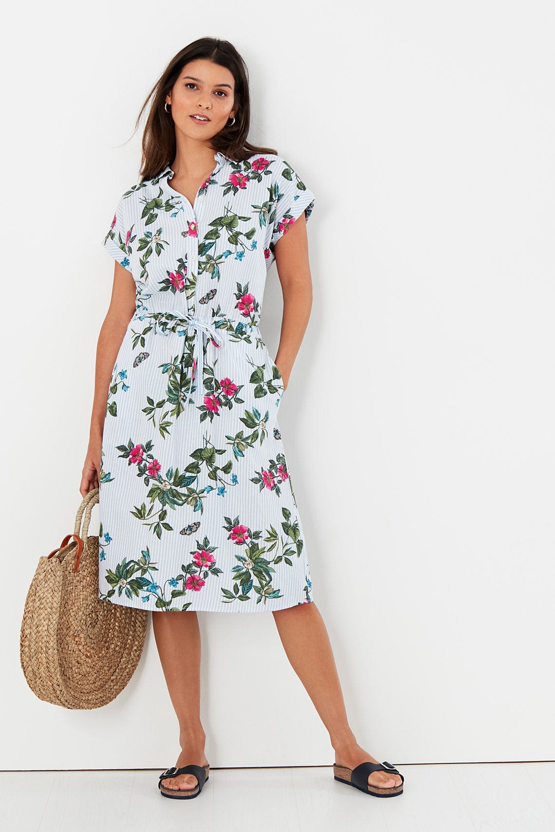 Joules Allison 1/2 Placket Linen Shirt Dress - Blue Botanical Stripe