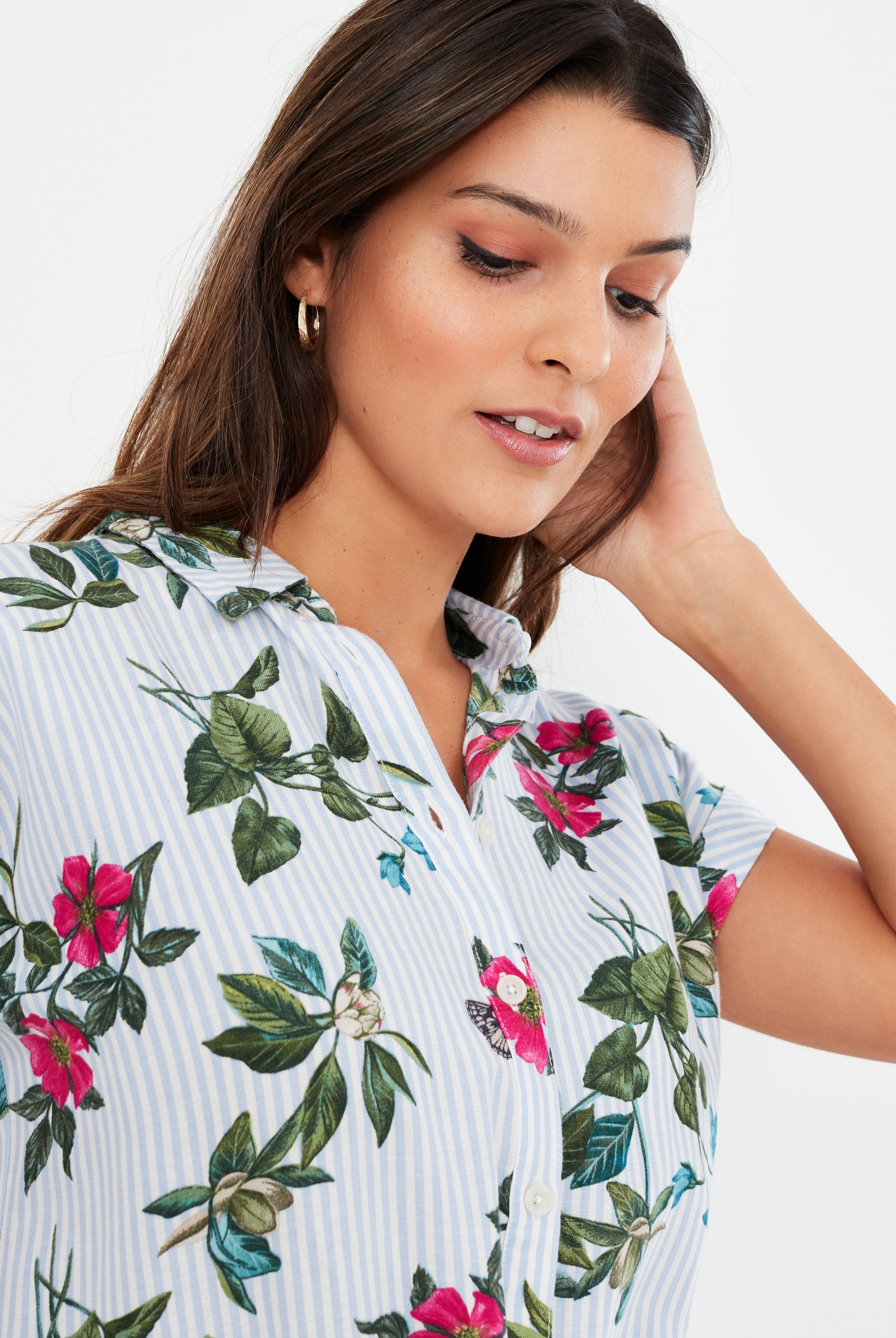 Joules Allison 1/2 Placket Linen Shirt Dress - Blue Botanical Stripe