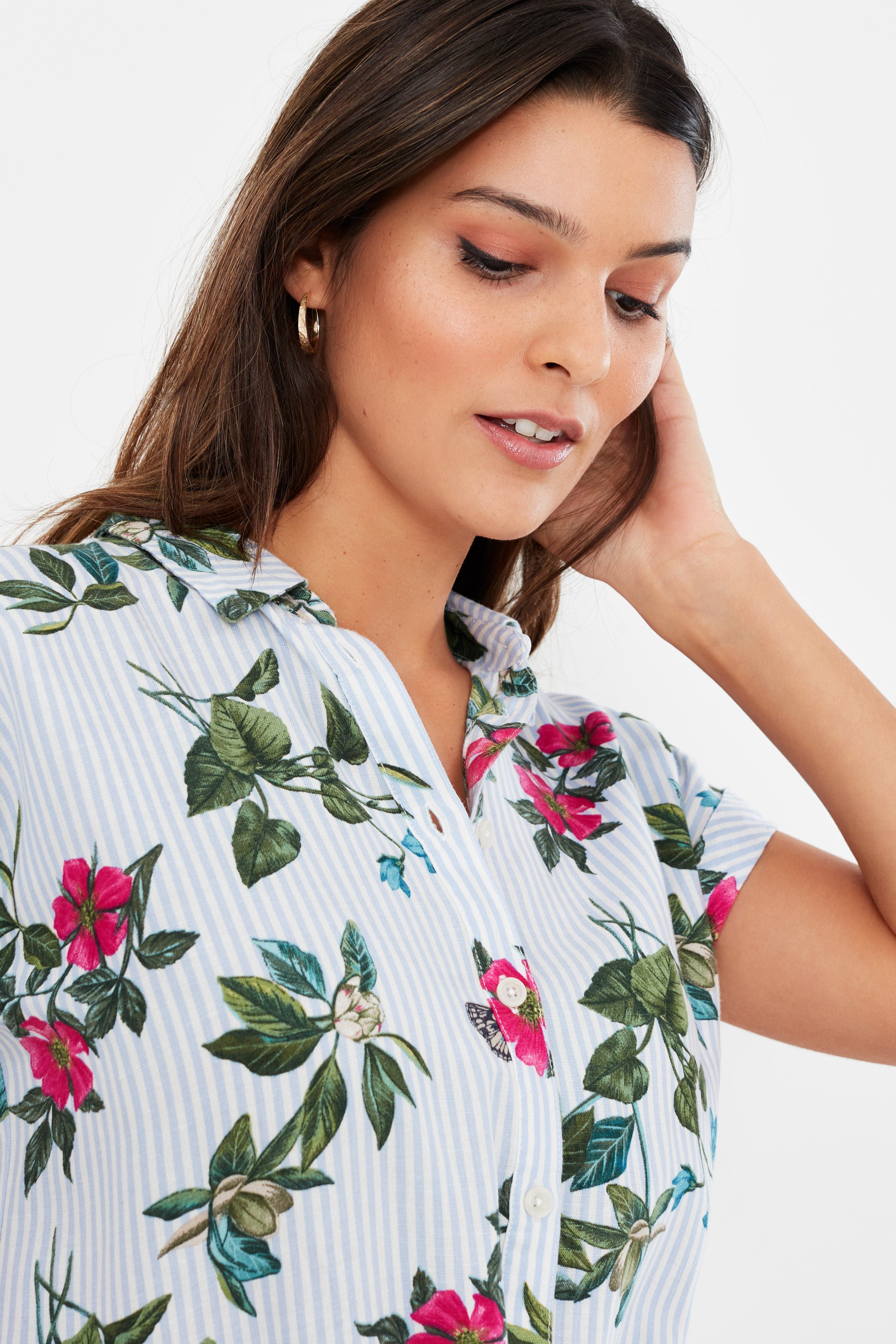 Joules Allison 1/2 Placket Linen Shirt Dress - Blue Botanical Stripe