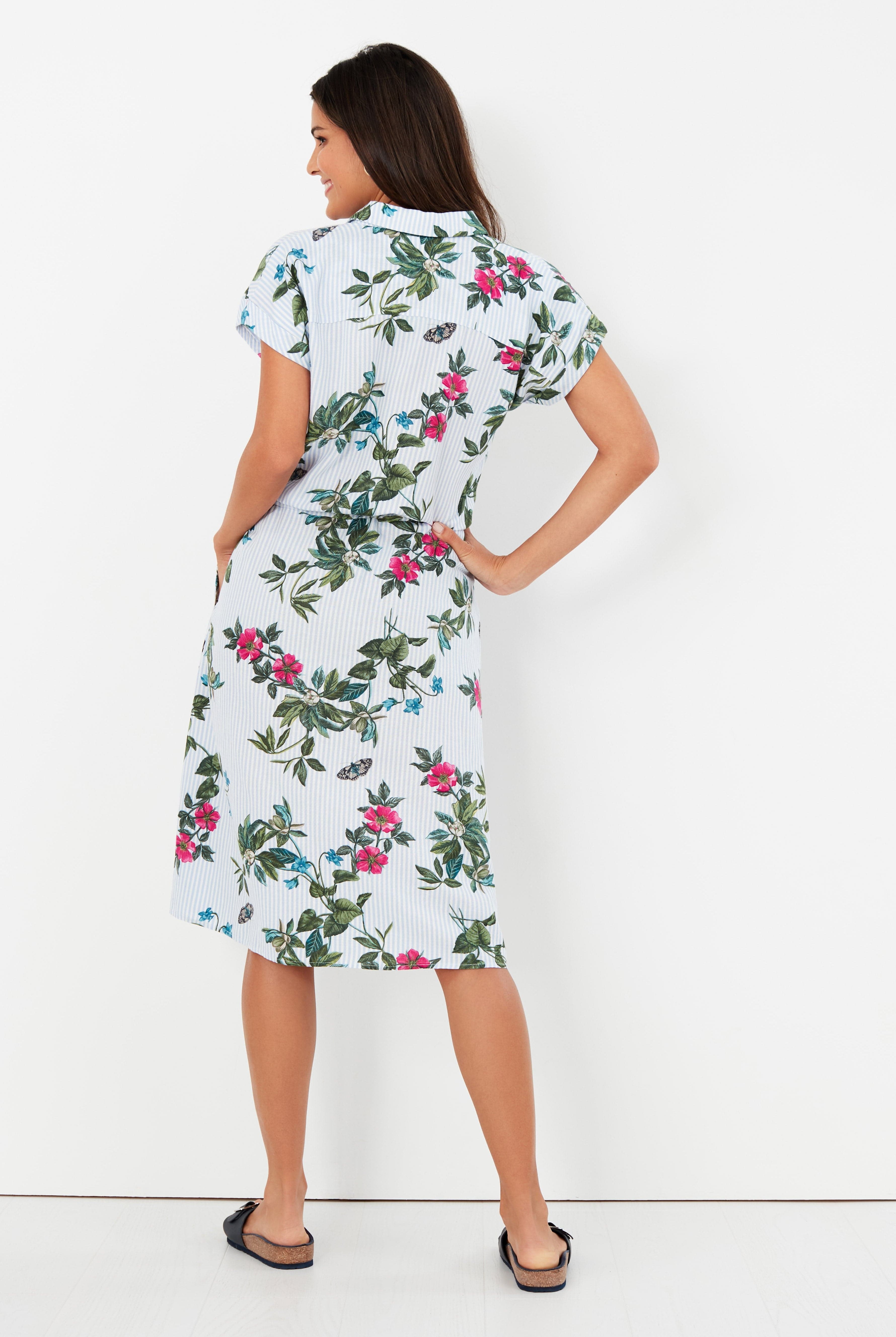 Joules Allison 1/2 Placket Linen Shirt Dress - Blue Botanical Stripe