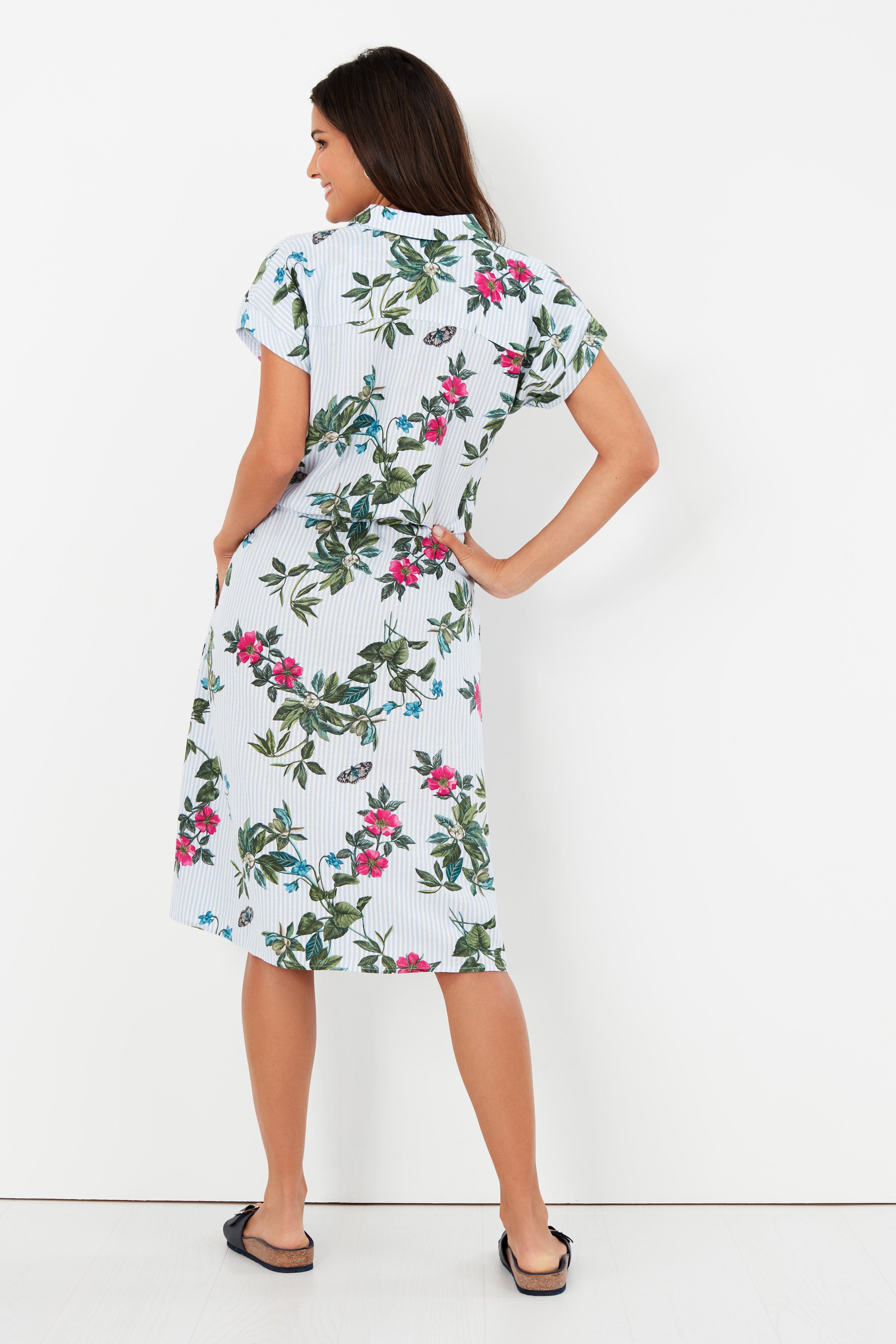 Joules Allison 1/2 Placket Linen Shirt Dress - Blue Botanical Stripe