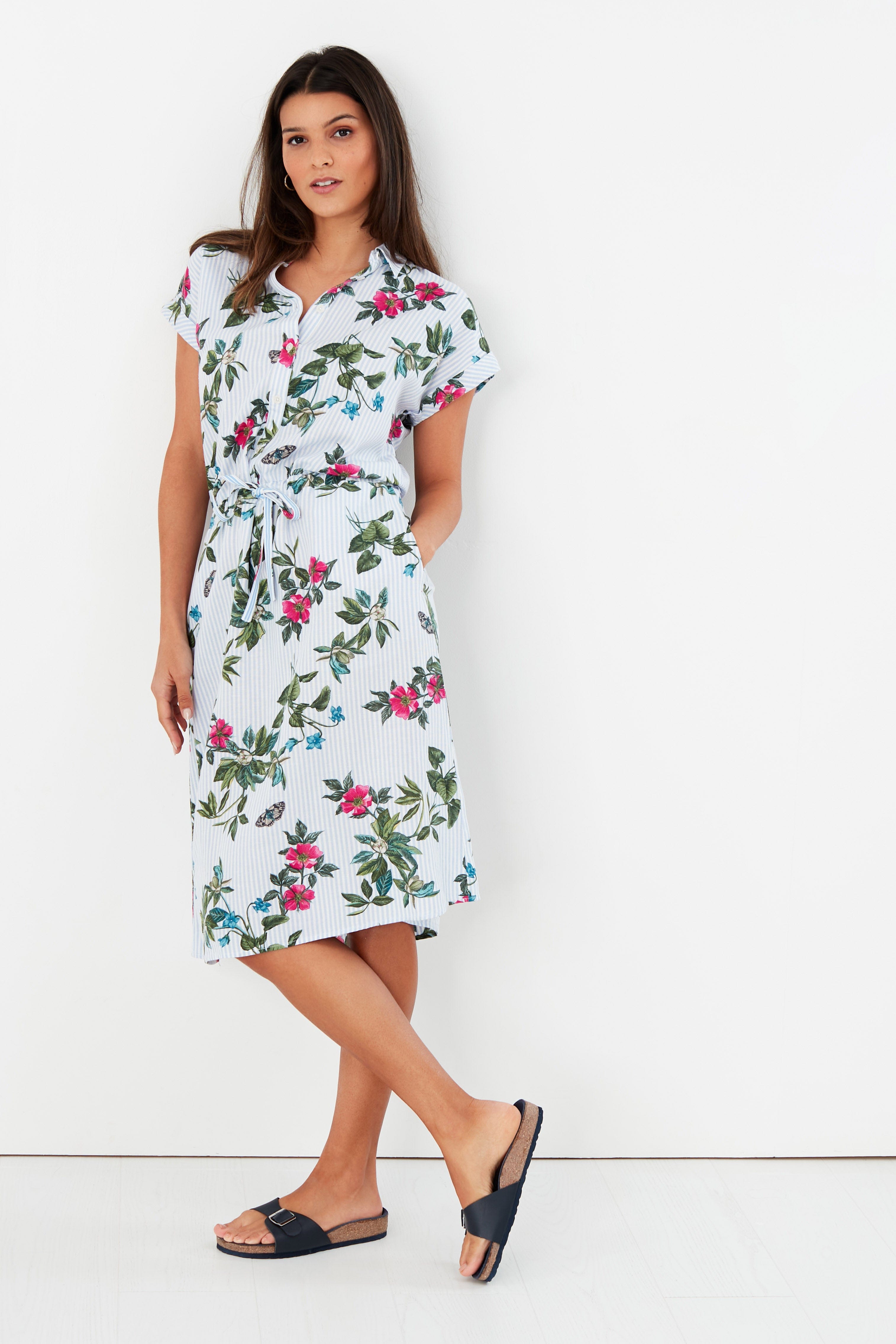 Joules Allison 1/2 Placket Linen Shirt Dress - Blue Botanical Stripe