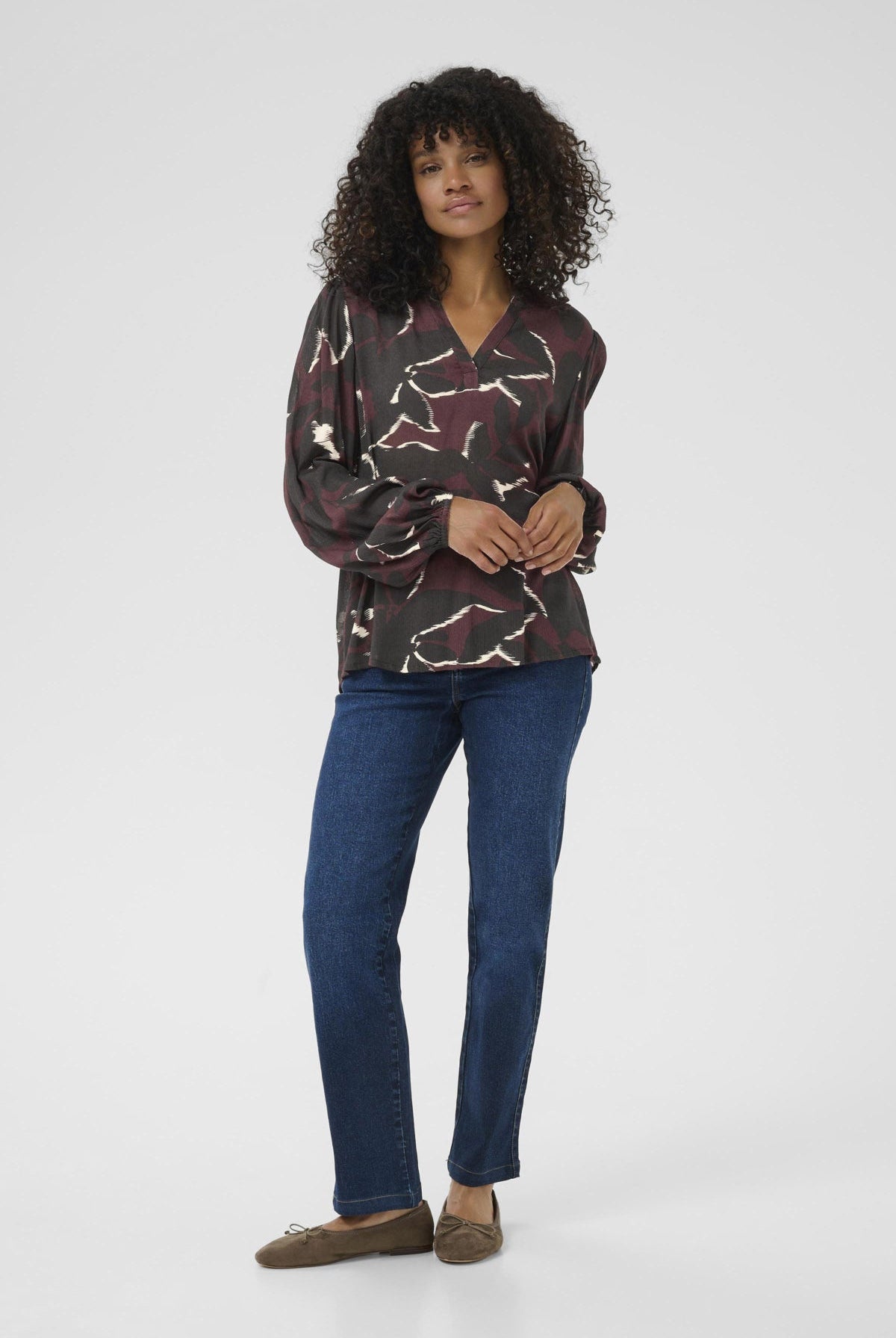 Kaffe Beate Leaf Print Blouse - Windsor Wine/Black