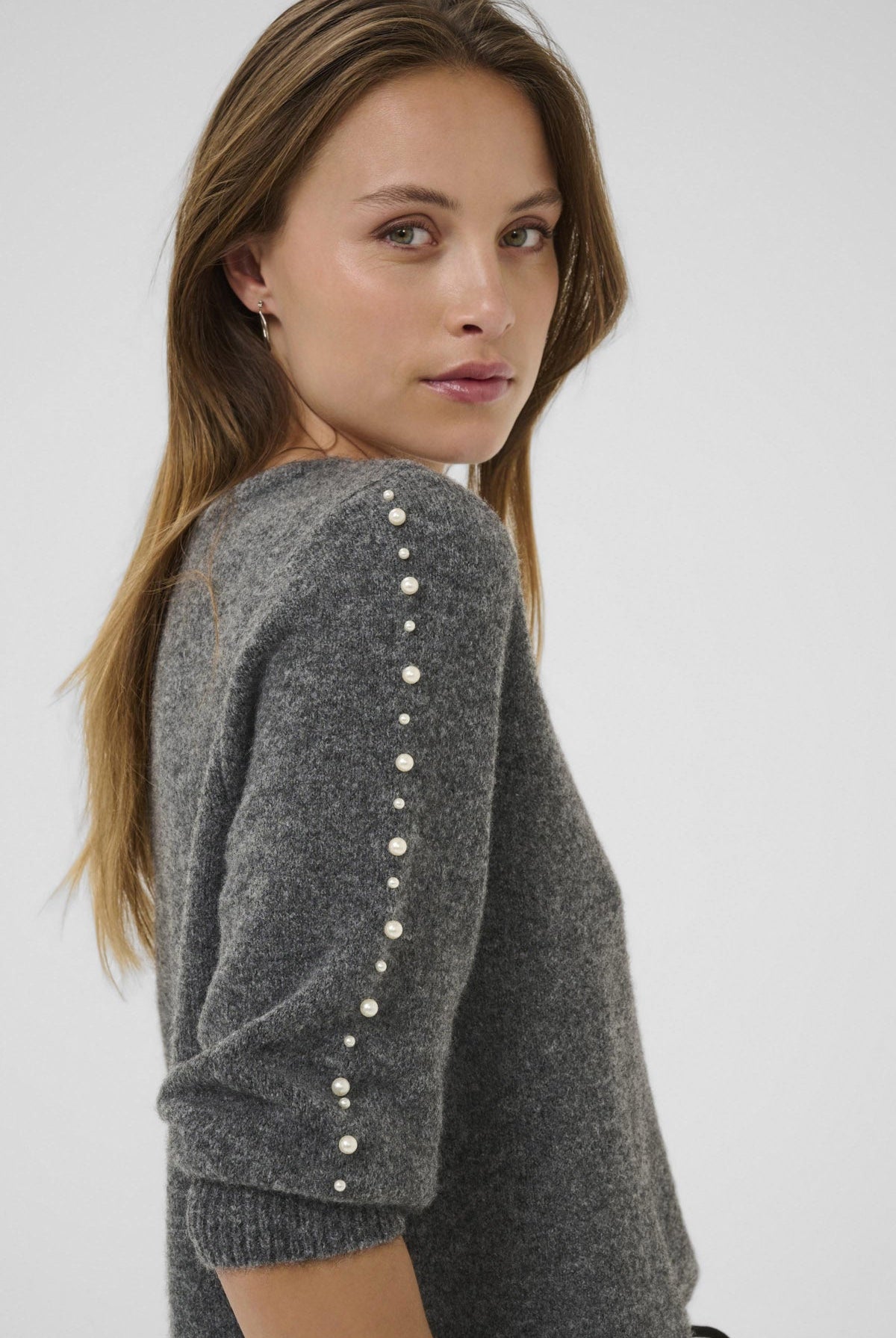 Kaffe Betty Jumper with Pearl Detail Sleeves - Grey Melange